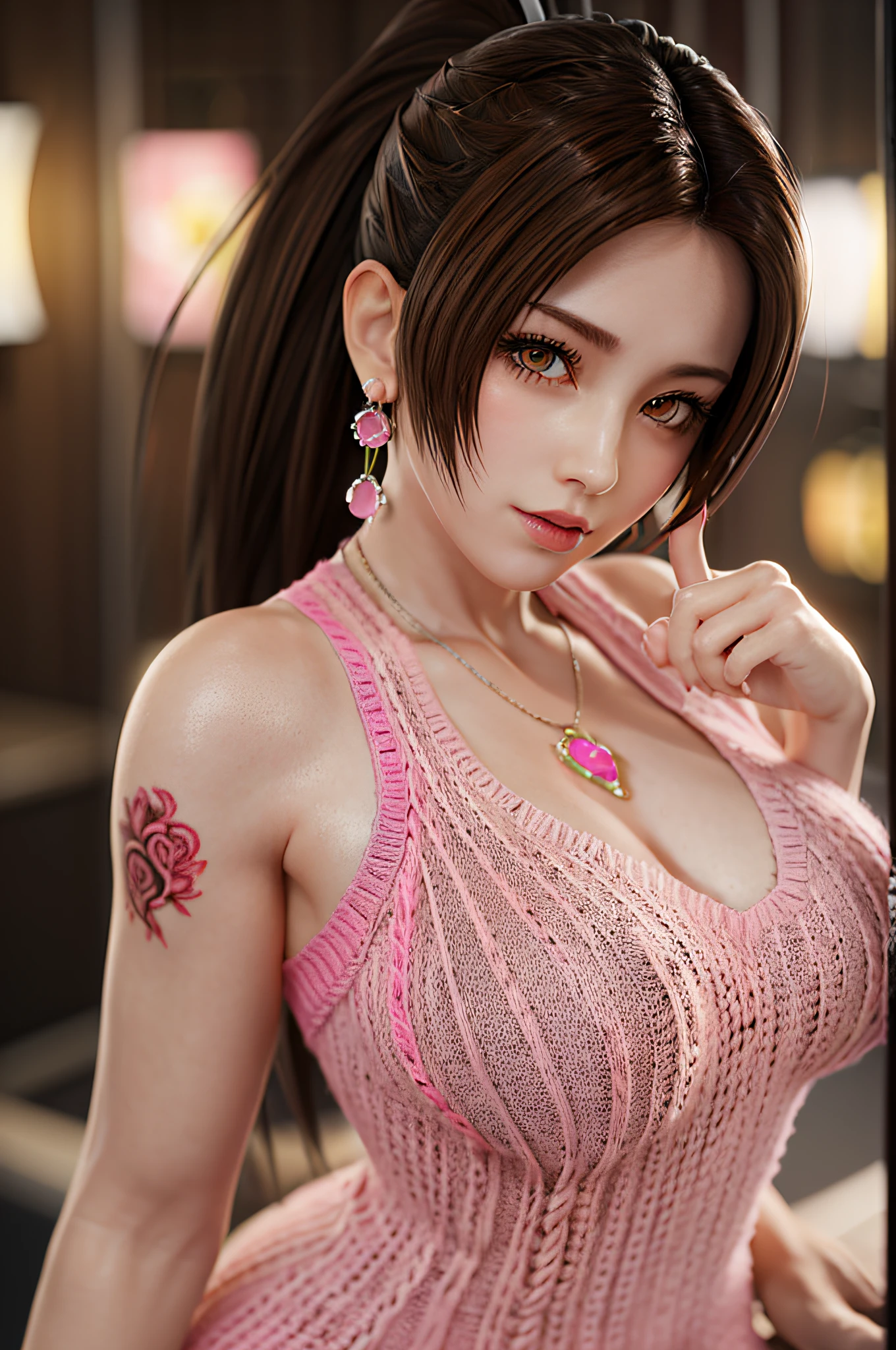 panorama,long shot,nighttime,(1girl),akiryo-mai ,Necklaces, earrings,Brownish red hair,Shy, blushing,see-through,(Pink Mini Knit Dress:1.6),(sweat:1.25), (Rose-tattoos :1.2) ,(((solo))),depth of field,(Masterpiece:1.5),(best quality:1.4),extremely detailed ,3D,Cinema-4D , 8k,Photorealistic ,( Charming female body), (gigantic breasts),Facing the camera, Pink lips,(((Finger details))),Subject centered,(((Extra hands))), (((extra legs))),