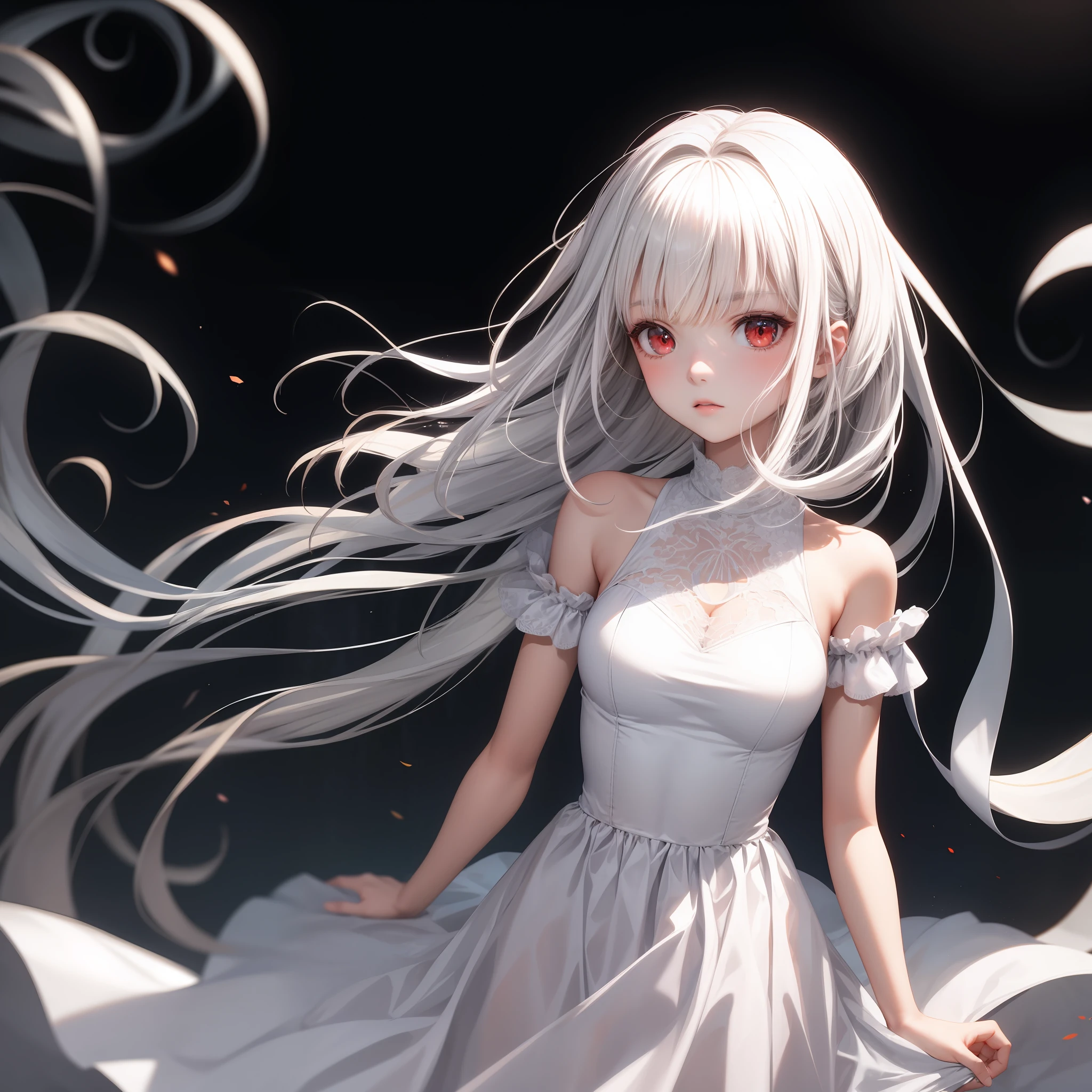 white hair, red eyes, girl, alone, solo, 1girl, white dress