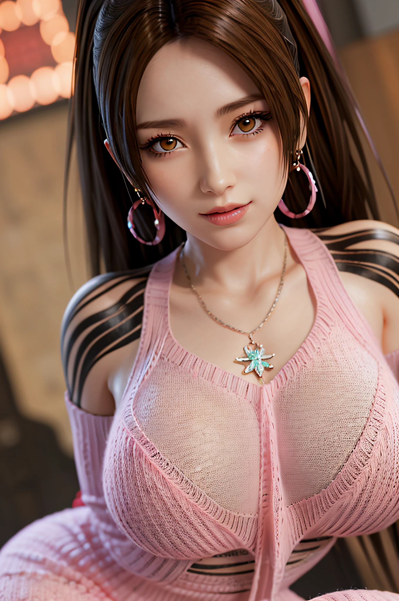 panorama,long shot,nighttime,(1girl),akiryo-mai ,Necklaces, earrings,Brownish red hair,Shy, blushing,see-through,(Pink Mini Knit Dress:1.6),(sweat:1.25), (Rose-tattoos :1.2) ,(((solo))),depth of field,(Masterpiece:1.5),(best quality:1.4),extremely detailed ,3D,Cinema-4D , 8k,Photorealistic ,( Charming female body), (gigantic breasts),Facing the camera, Pink lips,(((Finger details))),Subject centered,(((Extra hands))), (((extra legs))),