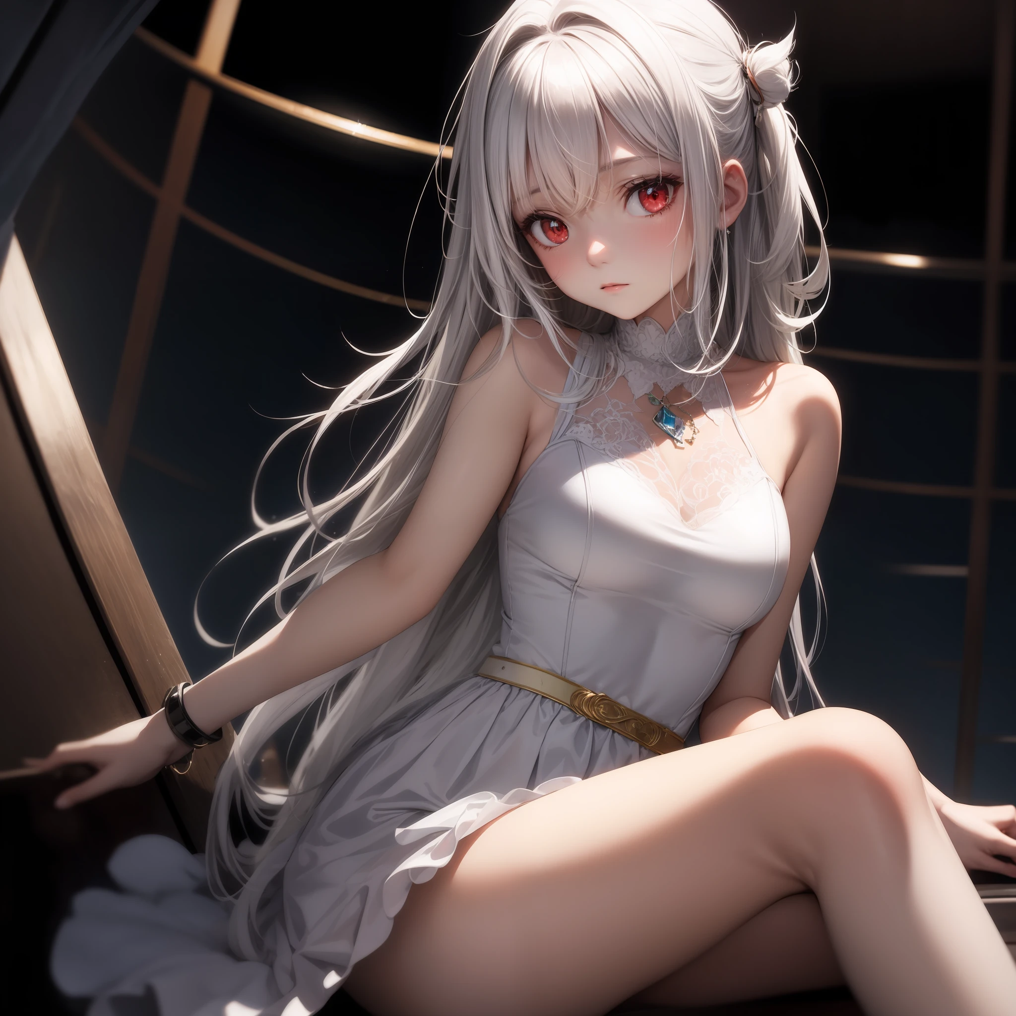 white hair, red eyes, girl, alone, solo, 1girl, white dress