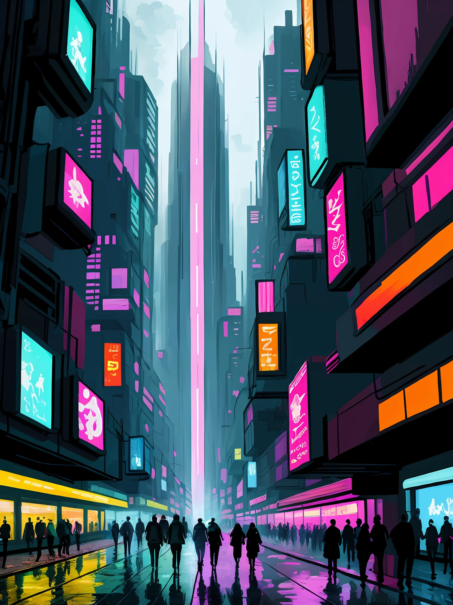 anime style digital art, brush strokes, painterly, impressionist style, half painted, Neo Babylon cyberpunk metropolis, neon accented futuristic architecture, high density buildings, people walking everywhere, intricate details, ethereal environment, hyper-detailed architecture