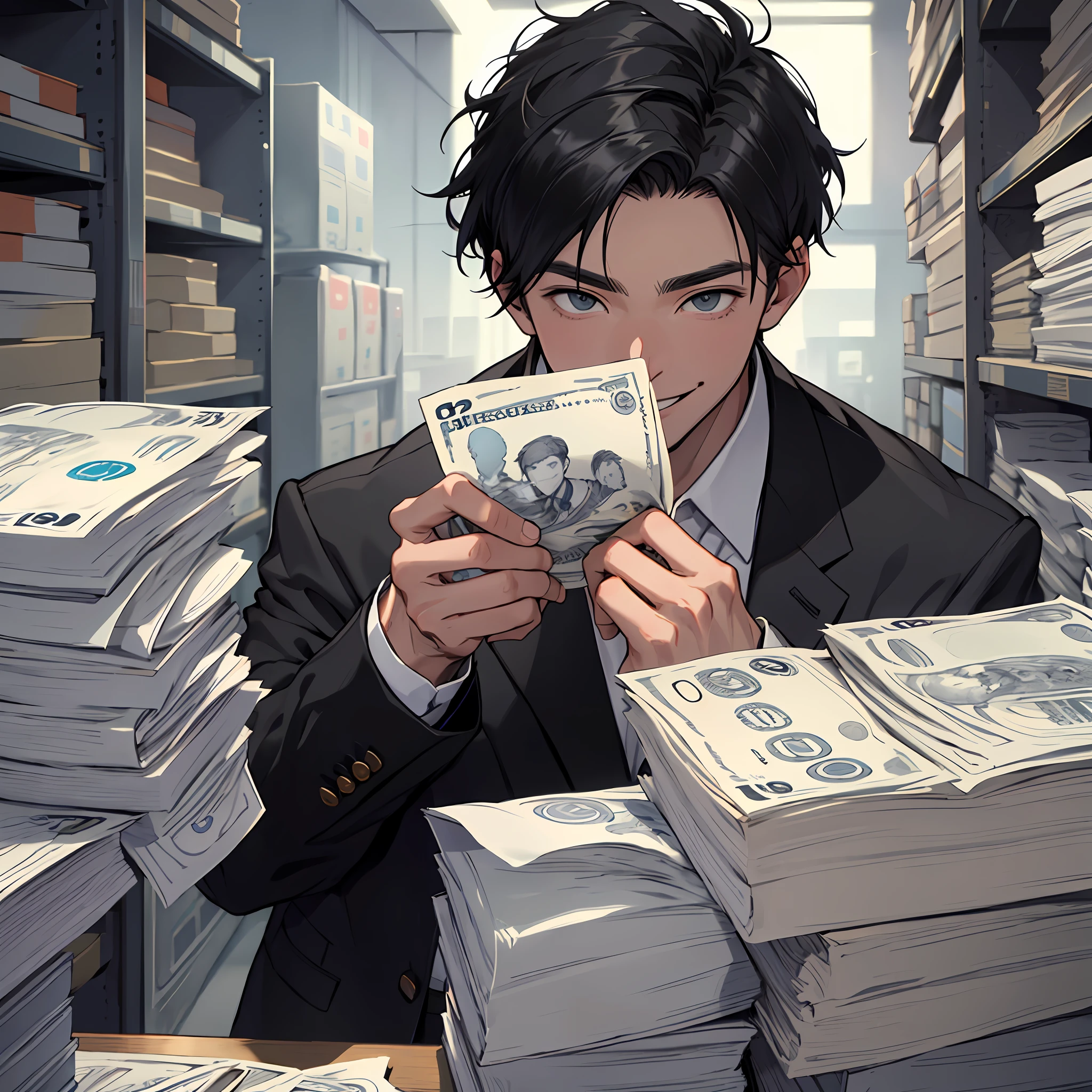 (A 30-year-old young man in a white shirt and short black hair standing in the room: 1.5 ) "Single, Young Men: 1.8" "Stack of banknotes: 1.8" (Holding a stack of banknotes: 1.8) ( Young men, single: 1.9) ( Close-up of face: 1.8 ) (Front display: 1.6) ( Smiling expression on face, eyes narrowed: 1.8 ) ( Masterpiece, Masterpiece: 1.5 )