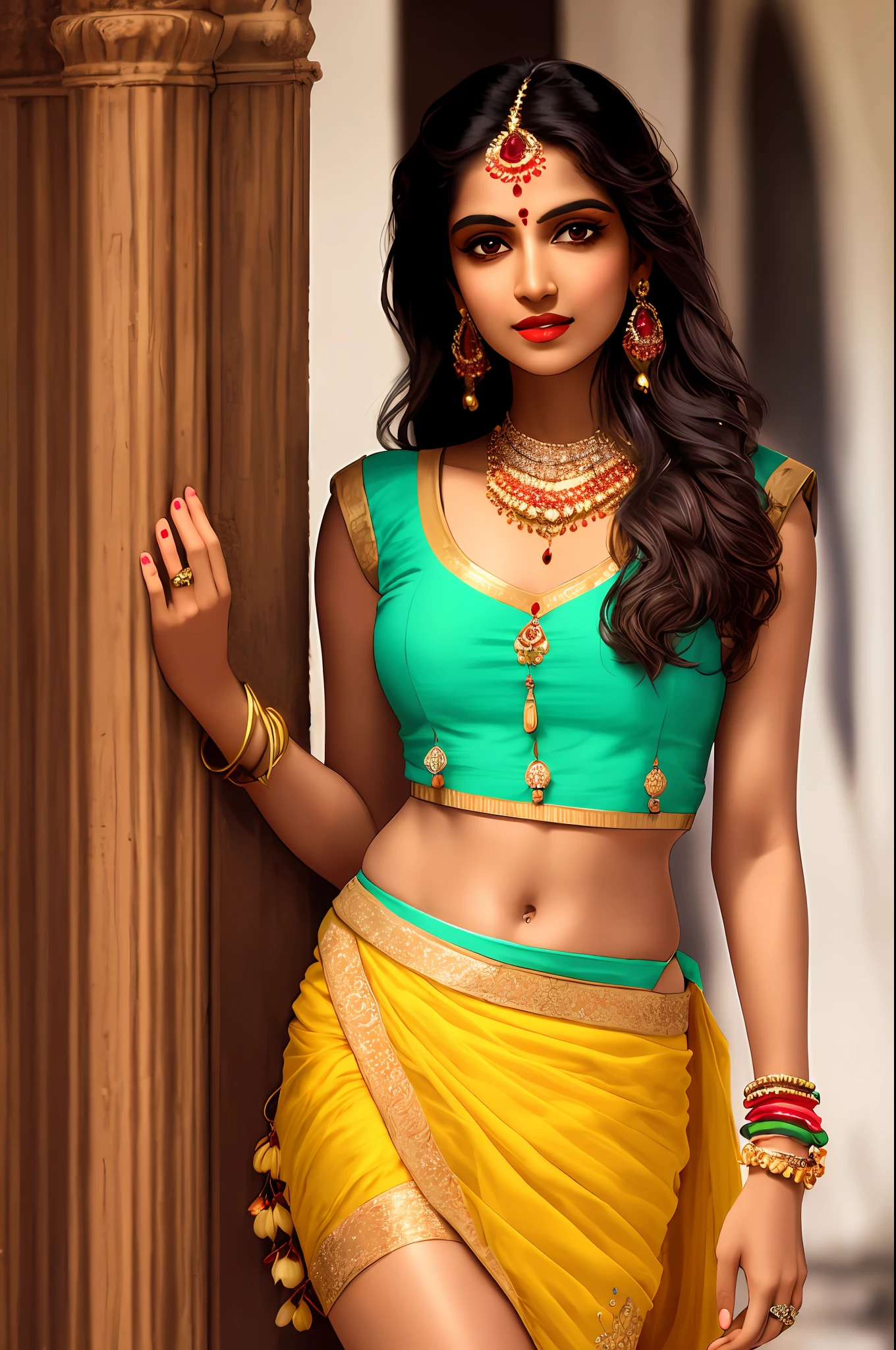 Sure! Here's an optimized prompt based on the given description:
"A seductive Indian girl, adorned with exquisite jewelry, wearing a light yellow top and very light blue mini skirt. Showcasing her  legs in a realistic and highly detailed manner, she poses alluringly in front of the camera."