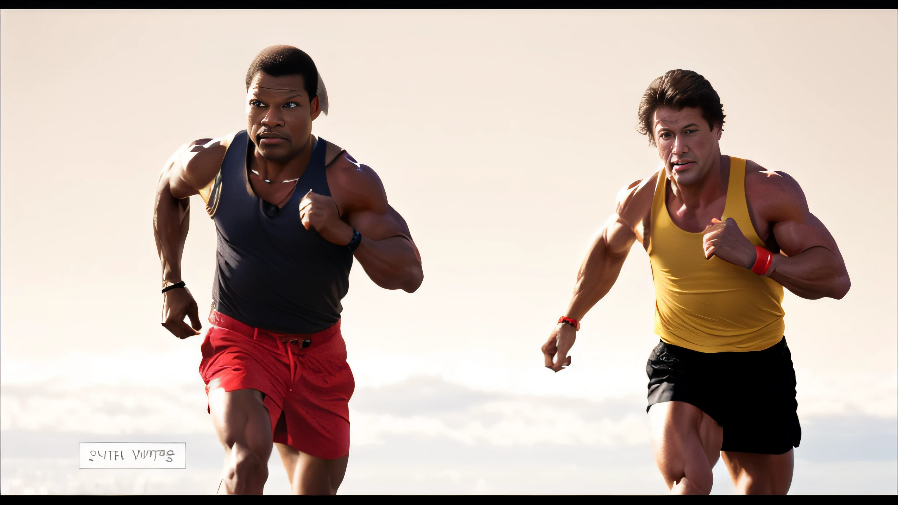 restore faces of Carl Weathers and Sylvester Stallone in this photo, restore photo with muscle details, realistic style, two men, Carl Weathers and Sylvertes Stallone, blue sky background, restore to look realistic