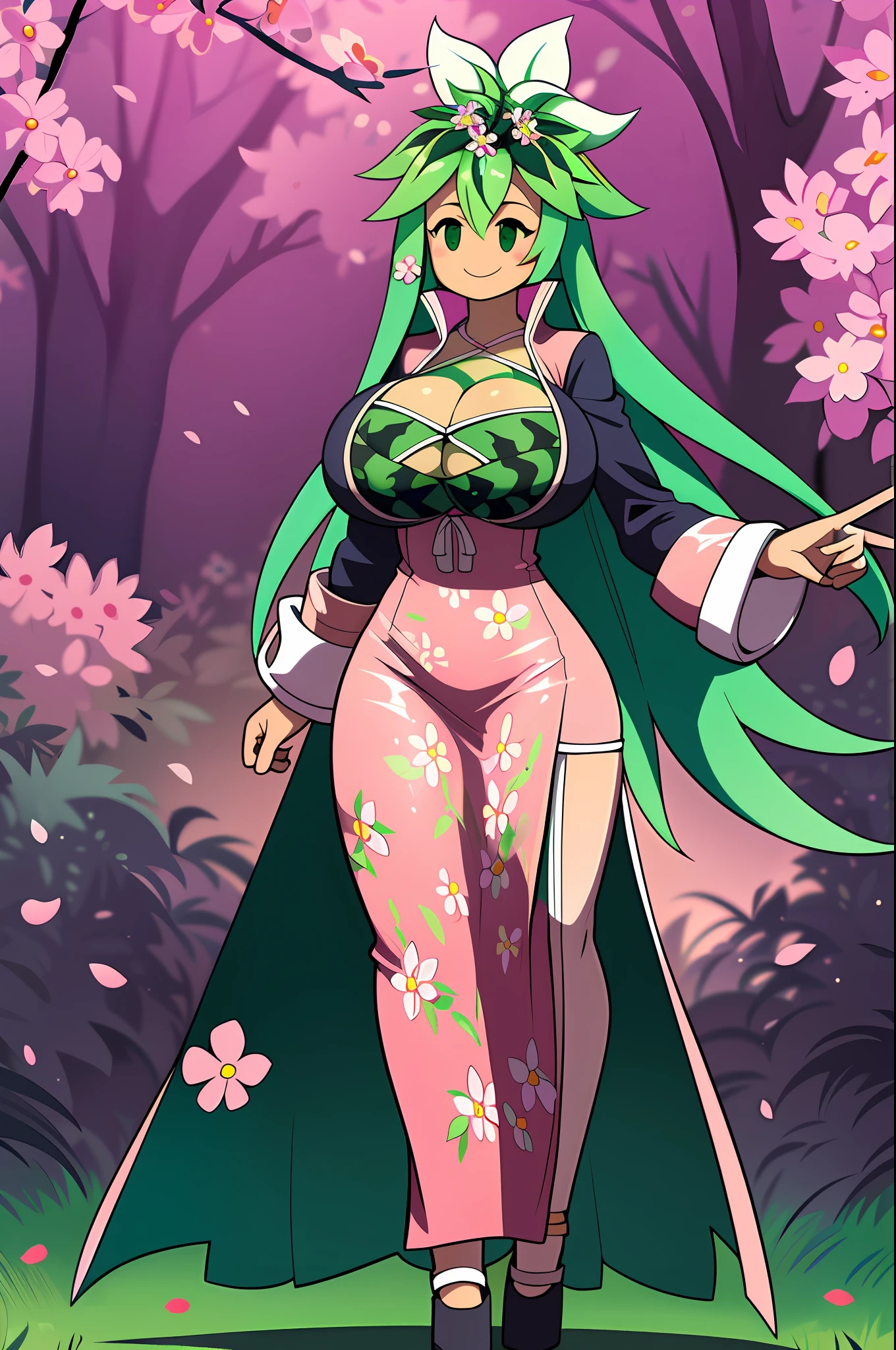 Kanna Blaster Master, floral fauna, female, fully clothed), toon, huge breast, smile, green hair, long dress, full body,