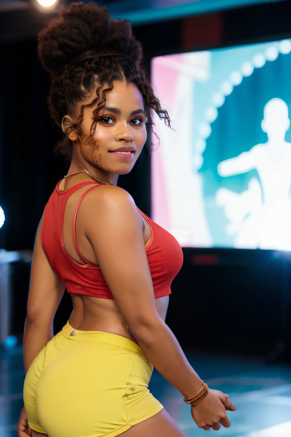 beautiful Malagasy woman from madagascar, hair in braid, photorealistic zazie, afro bun, absurd, in sportswear, wearing a cap, in a dance hall, cinematic light