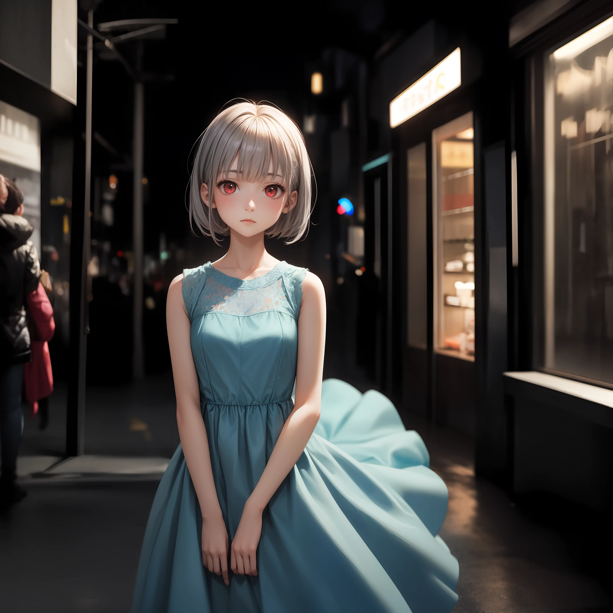 gray hair, red eyes, girl, alone, solo, 1girl, light blue dress