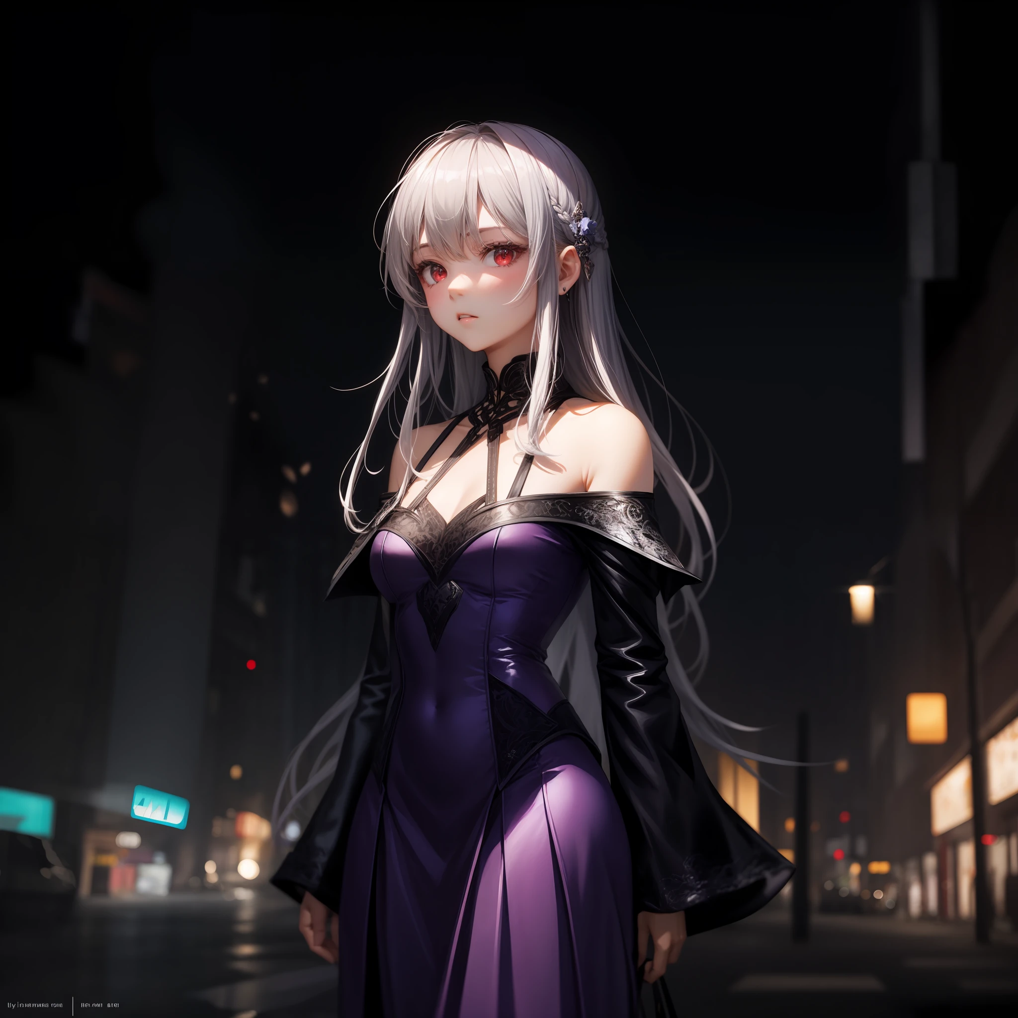 gray hair, red eyes, girl, alone, solo, 1girl, purple dress