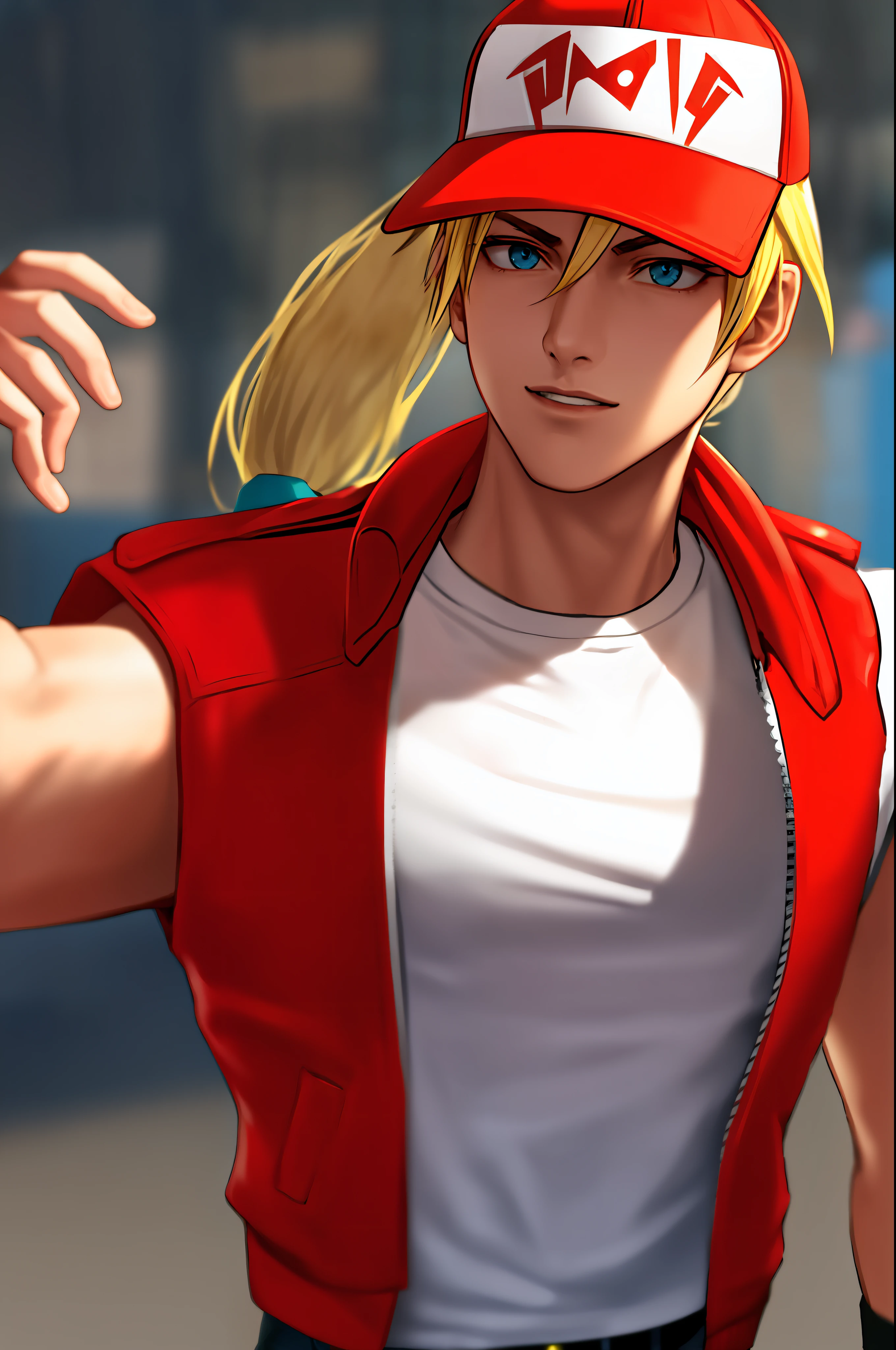 TerryBogard , arcane style, 1guy, solo, letterboxed, blurry background, medium shot portrait, ((masterpiece)) (red trucker cap), (red sleeveless jacket), (white t-shirt), (blonde ponytail)