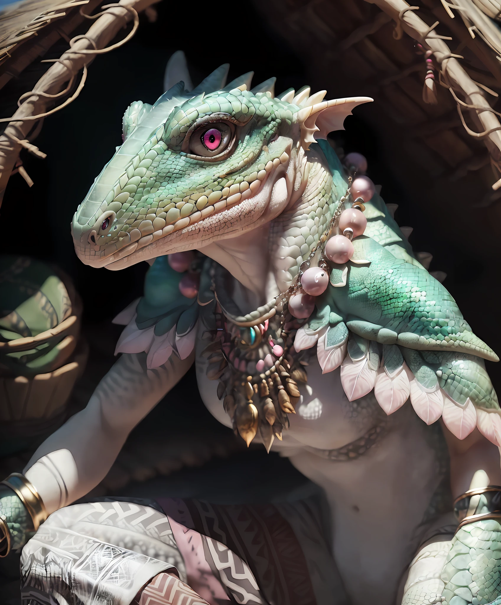(crusch, young female, lizard, scalie, tribal markings, (capelet, necklace, bracelet:1.2), (by ratte and nuzzo and kenket:0.7), realistic scales, real, detailed, (detailed scales, scalie, scalie body:1.2), (albino, white scales, slightly transparent scales, pink eyes), furry, anthro, best quality, professional photo, photorealism, high quality, volumetric, ray tracing, HDR, 4K, 8k, absurd res, realistic, max shading, ((masterpiece)), (sitting in a tribal hut:1.2), (portrait, close up), --auto