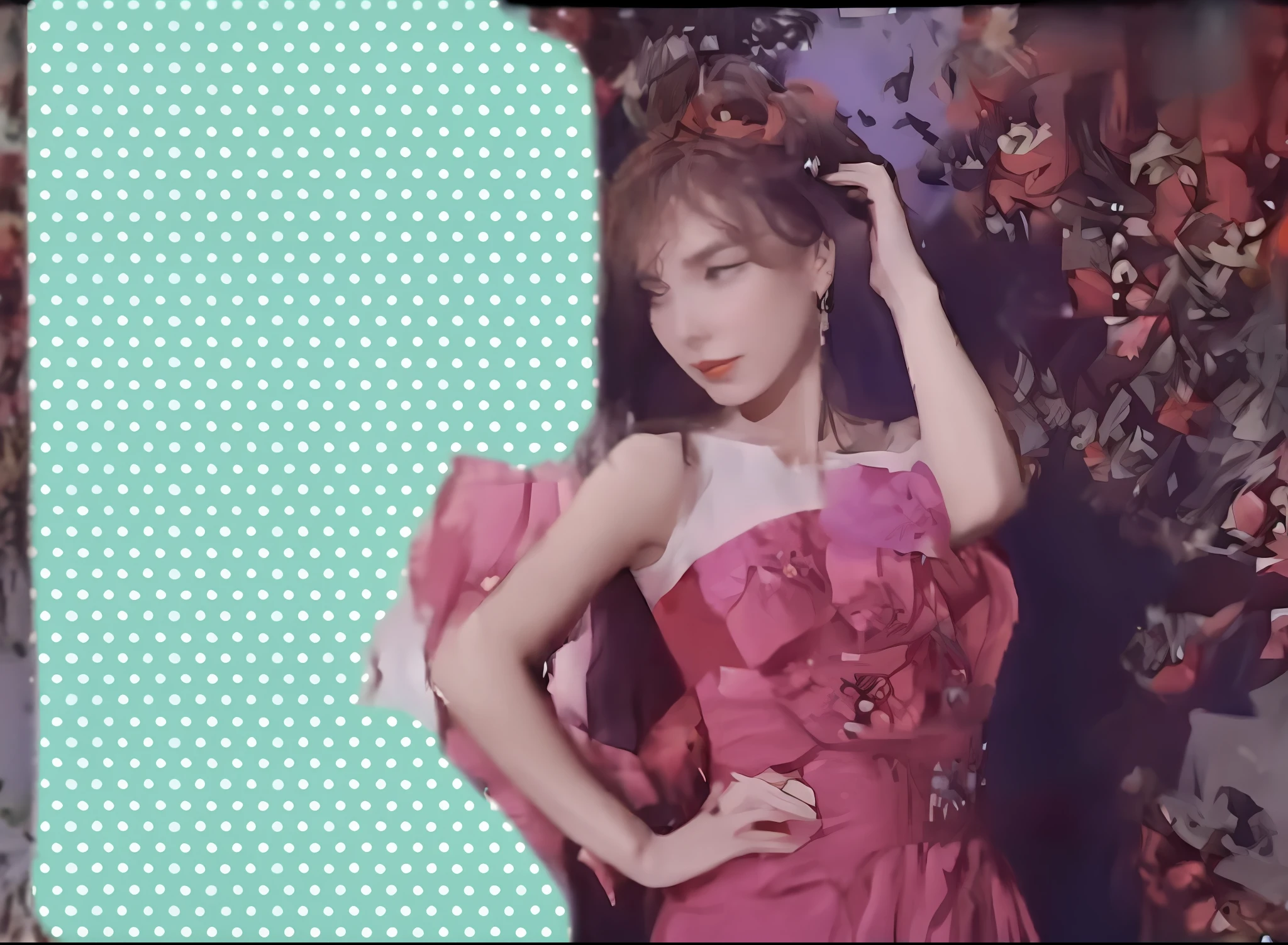 there is a woman in a pink dress posing for a picture, part petra cortright, in style of petra collins, petra cortright, leaked photo, video still, still from a music video, cursed image, ( collage ), leaked, smooth in _ the background, in style of nan goldin, bjork aesthetic, wearing a red cheongsam, photomontage