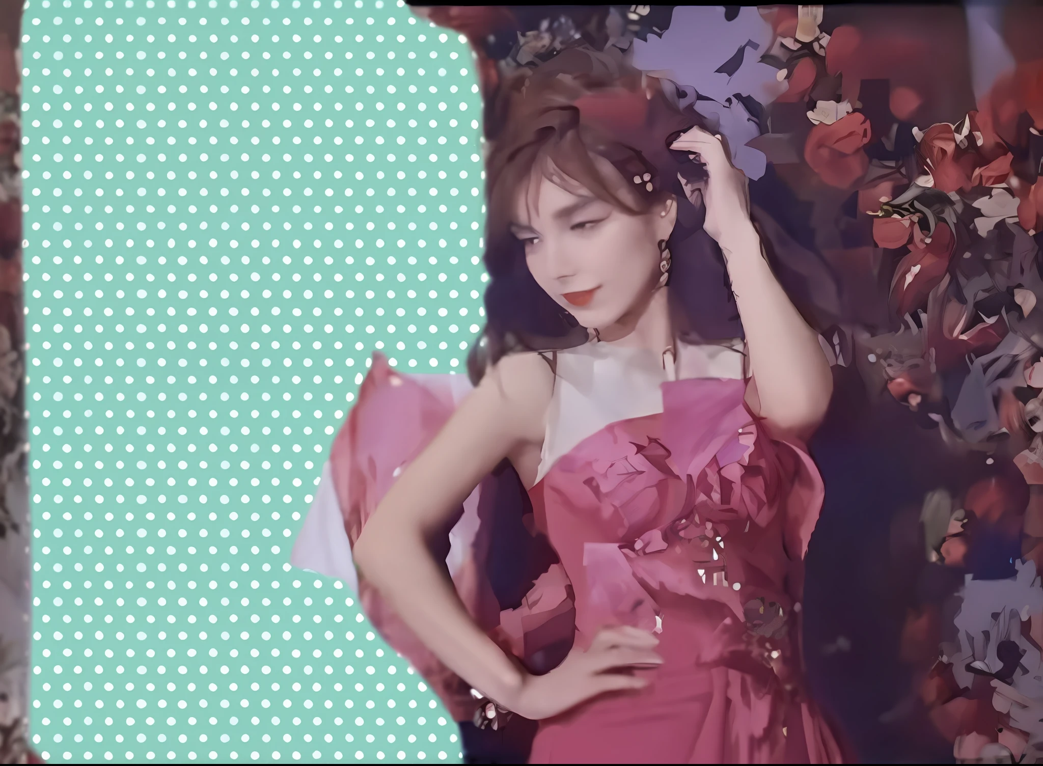 there is a woman in a pink dress posing for a picture, part petra cortright, in style of petra collins, petra cortright, leaked photo, video still, still from a music video, cursed image, ( collage ), leaked, smooth in _ the background, in style of nan goldin, bjork aesthetic, wearing a red cheongsam, photomontage