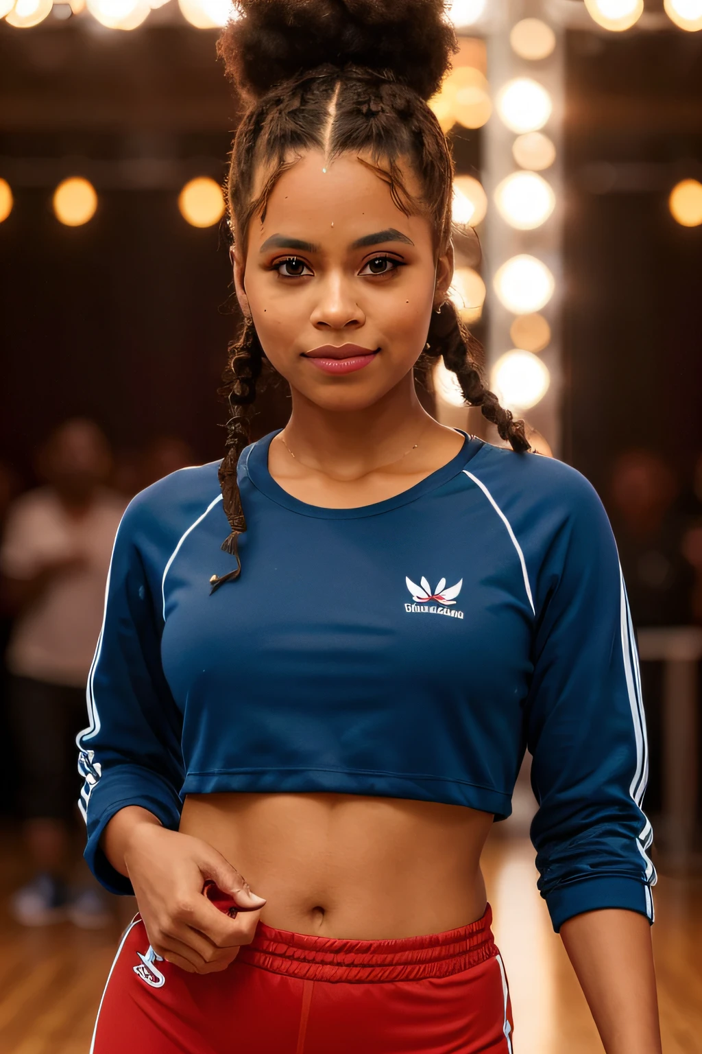 beautiful Malagasy woman from madagascar, hair in braid, photorealistic zazie, afro bun, absurd, in sportswear, wearing a cap, in a dance hall, cinematic light