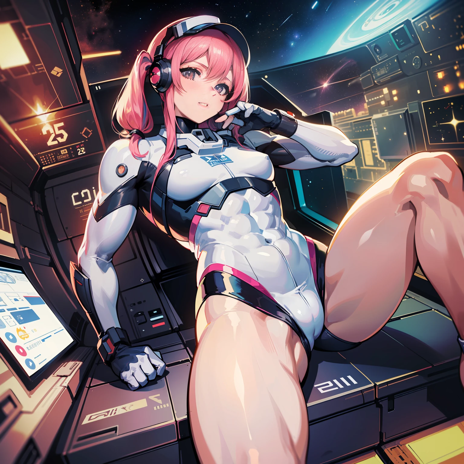 ((Masterpiece)), ((Highest image quality)), (Highest image quality)), (((Illustration of one adult)), Full body, (((25 years old)), (Face is female, Body is male)), (Pink hair twintails)), Light gray eyes, (((Tall)), ((Flat)), (Small breasts), (Muscular strong man's body)), (Muscular strong man's body)), (Muscular chest plate)), Abs, (( Muscular and thick arms)), (((muscular and thick legs)), ((manspreading)), open legs, ((white pilot suit)), ((in the cockpit)), (space on the monitor, Earth seen from space, spaceport)