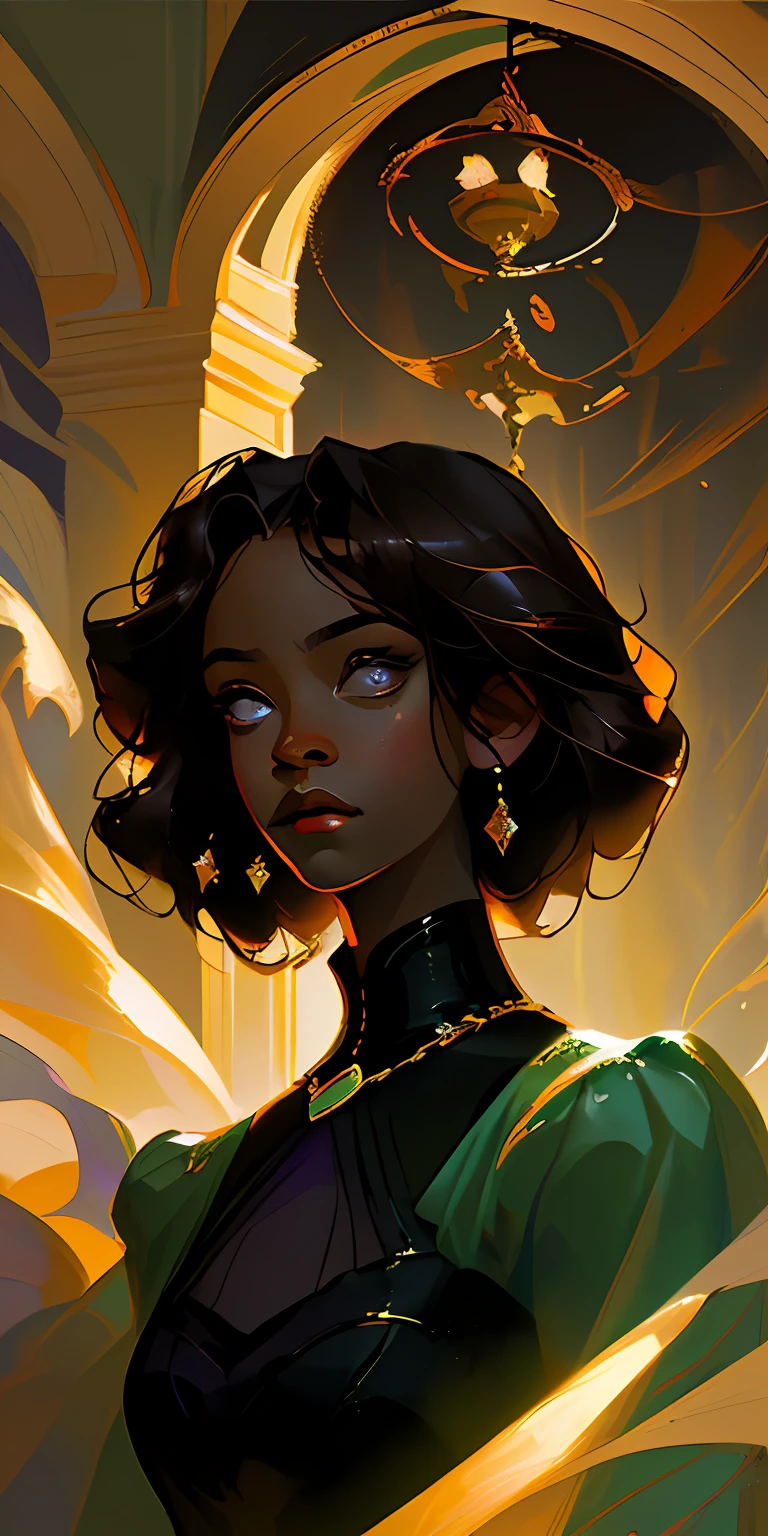 1girl, a black woman, Brazilian, oil painting, John Singer Sargent, Chiaroscuro, J.C Leyendecker, digital art, classical art, deep dark shadows, cinematic lighting, black-skinned girl, African hairstyle, Renaissance style (SevenWonders:1)