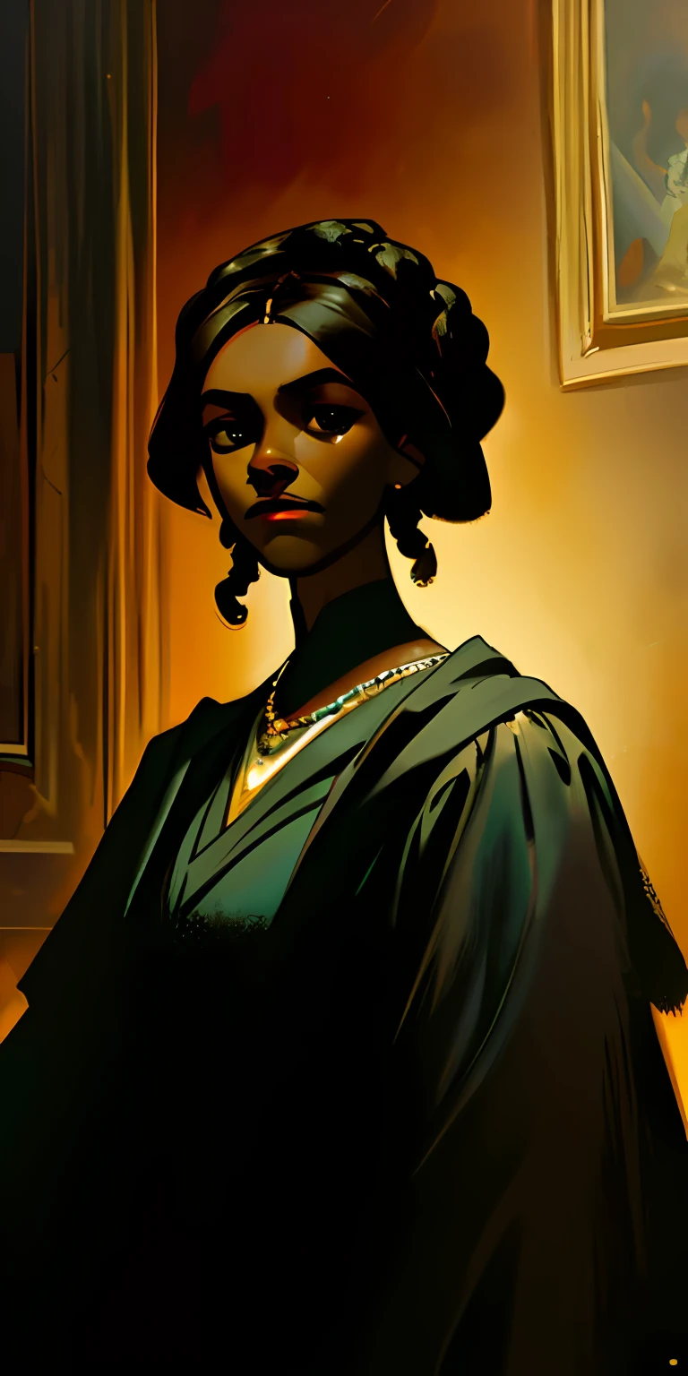 1girl, a black woman, Brazilian, oil painting, John Singer Sargent, Chiaroscuro, J.C Leyendecker, digital art, classical art, deep dark shadows, cinematic lighting, black-skinned girl, African hairstyle, Renaissance style (SevenWonders:1)