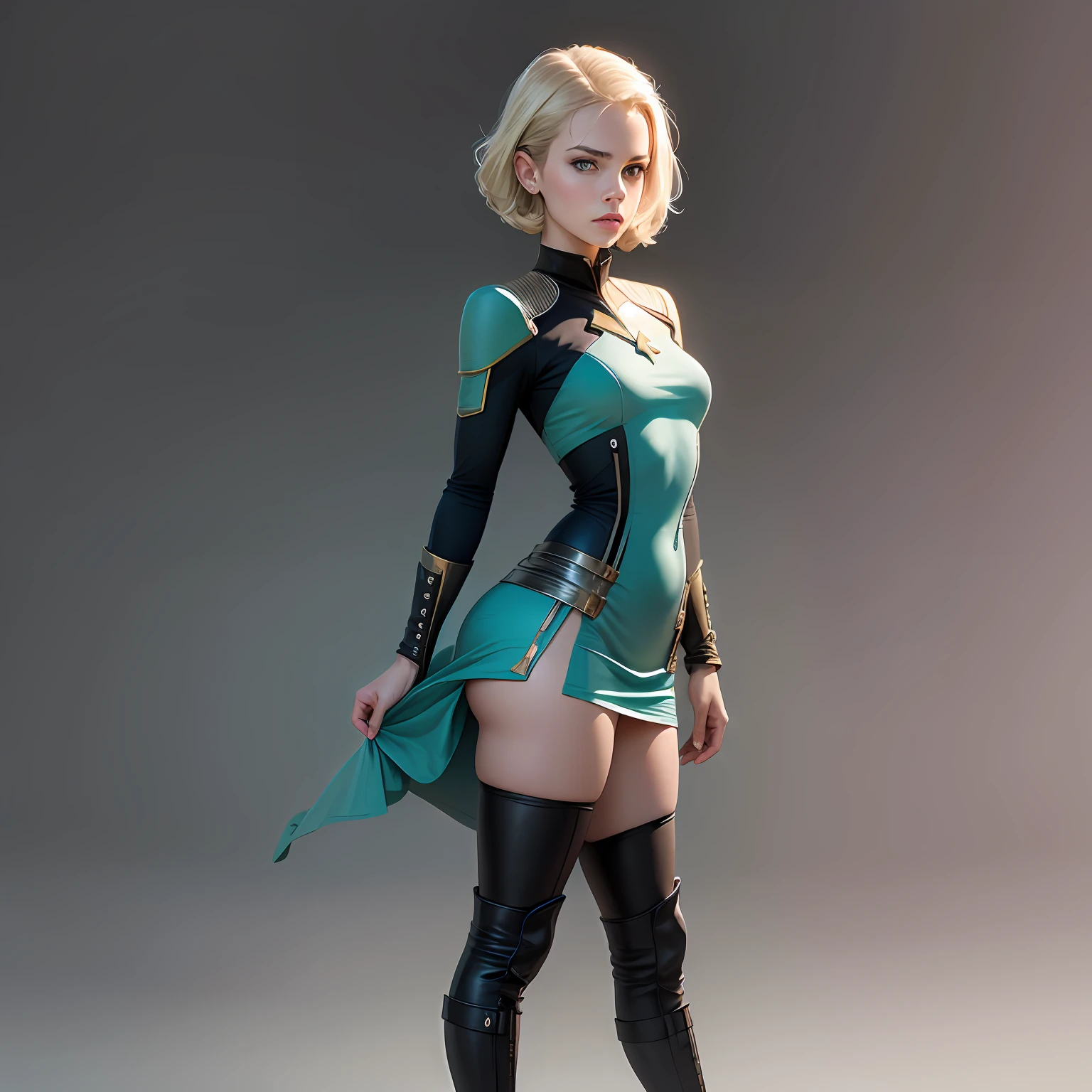simple background of green monochromatic color, natural standing pose facing the front, Star trek white woman, late teen, intelligent face, blonde, very short hairstyle, blue eyes, Star trek cosplay, dress, small ass, medium breasts, elongated legs, black boots, realistic photo, only one person, --auto