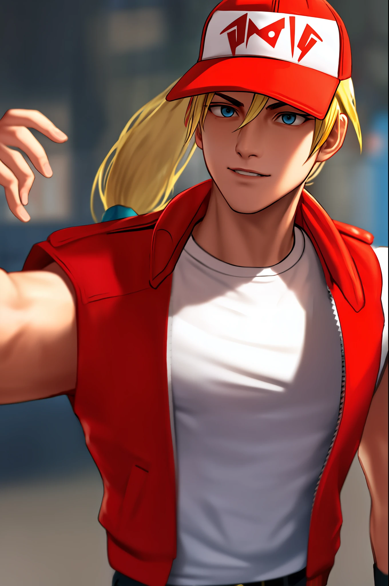 TerryBogard , arcane style, 1guy, solo, letterboxed, blurry background, medium shot portrait, ((masterpiece)) (red trucker cap), (red sleeveless jacket), (white t-shirt), (blonde ponytail)