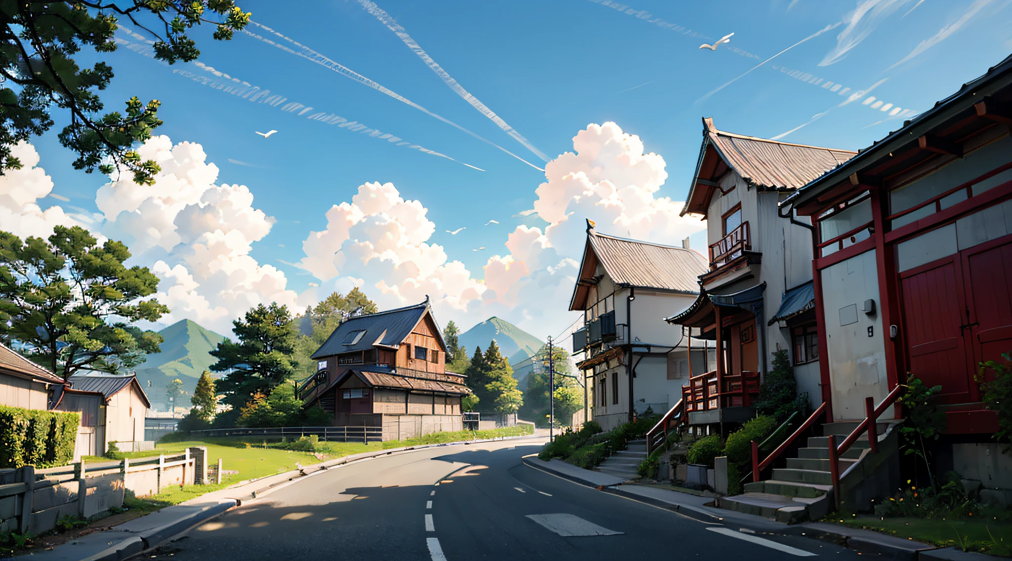 (Chinese town scenery), (Miyazaki style), cartoons, roads, curves, small houses, trees, poles, white clouds, landscape, outdoors, green trees, epic composition, realistic lighting, HD details, masterpieces, best quality, (very detailed CG unified 8k wallpaper), --v6
