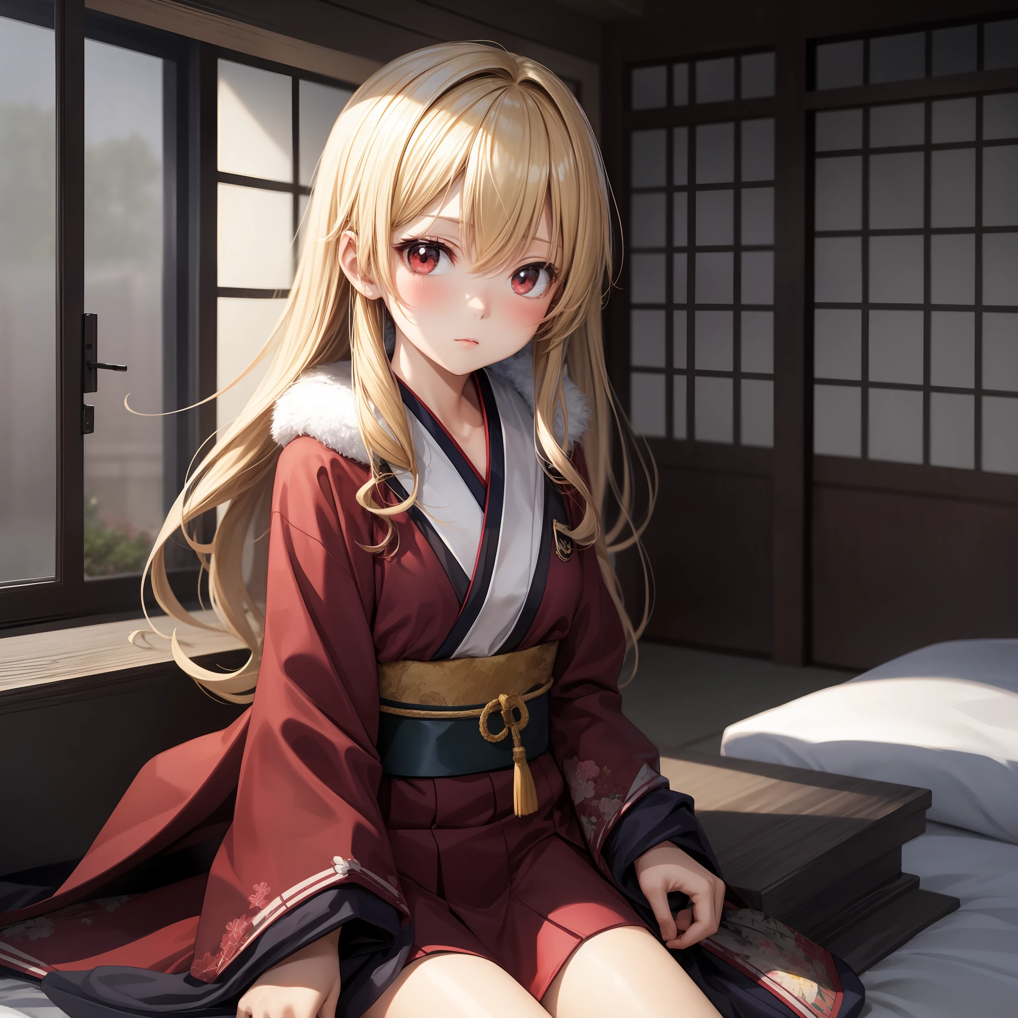 anime, girl 1 person, blonde, red eyes, upward eyes, blush, japanese room, sitting,
