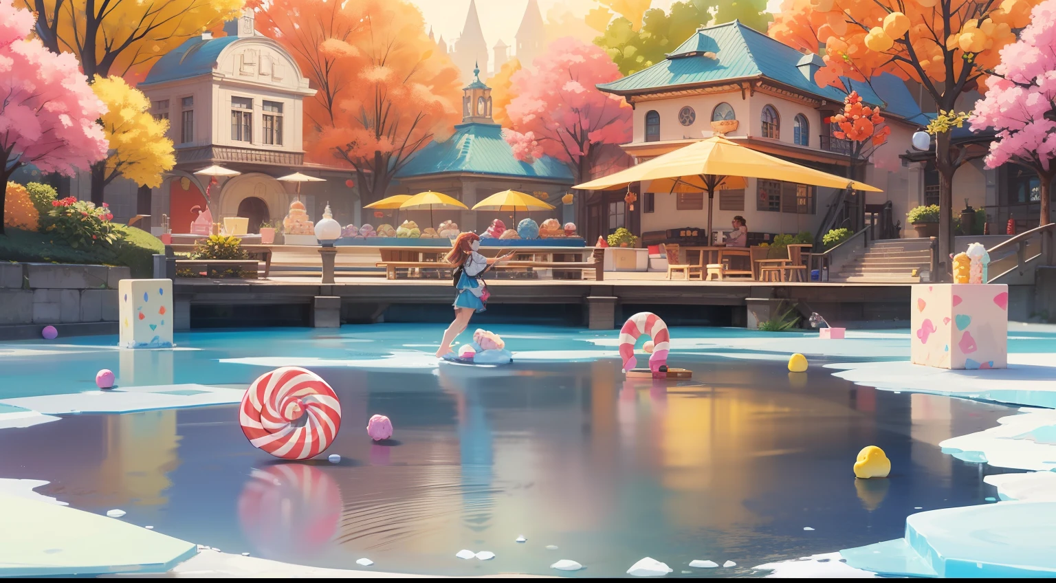 Cartoon-style game scenes, childlike happy atmosphere, the whole picture is based on bright yellow colors, colorful colors, (ice cream), (candy), (fruit), ice cream made of house, candy-like architecture, fairy tale world, ultra HD, master masterpiece, best quality,