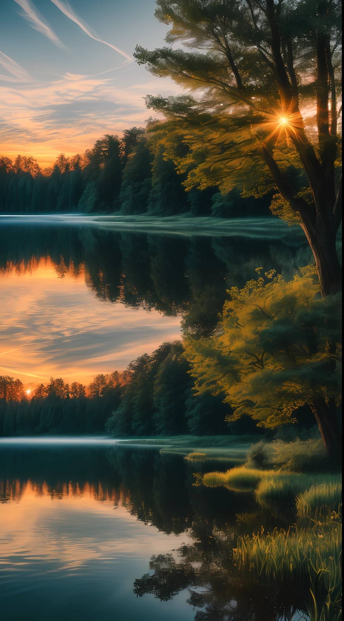 wallpaper, summer, lake, dawn, forest, detailed forest, clouds, masterpiece, cinematic, soft light, depth of field, ray tracing, reflection in water, realism, ulra detailed,