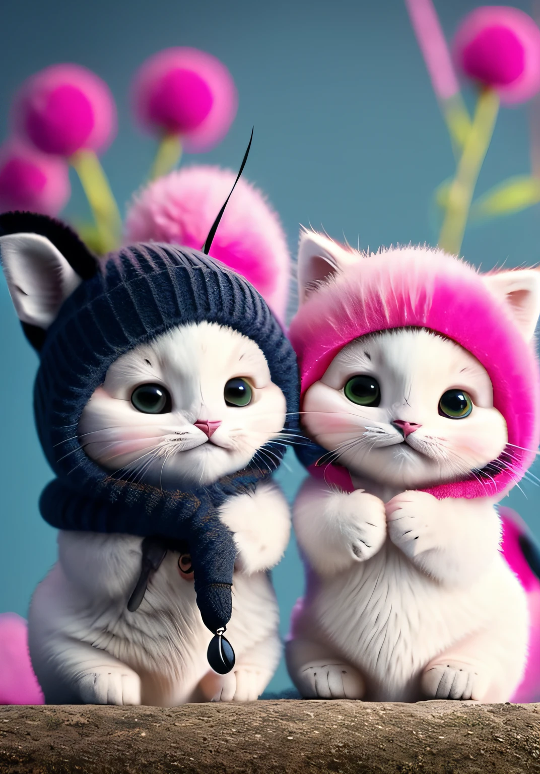 blur, two felines, one left and one right, flower, nature, no_humans, depth of field, to8 contrast style, DARK_Glam, DRK_Glam wear, dark shadow, (dark: 1.4), (8k, raw photography, best quality, masterpiece: 1.2), snickering, one blue and one pink