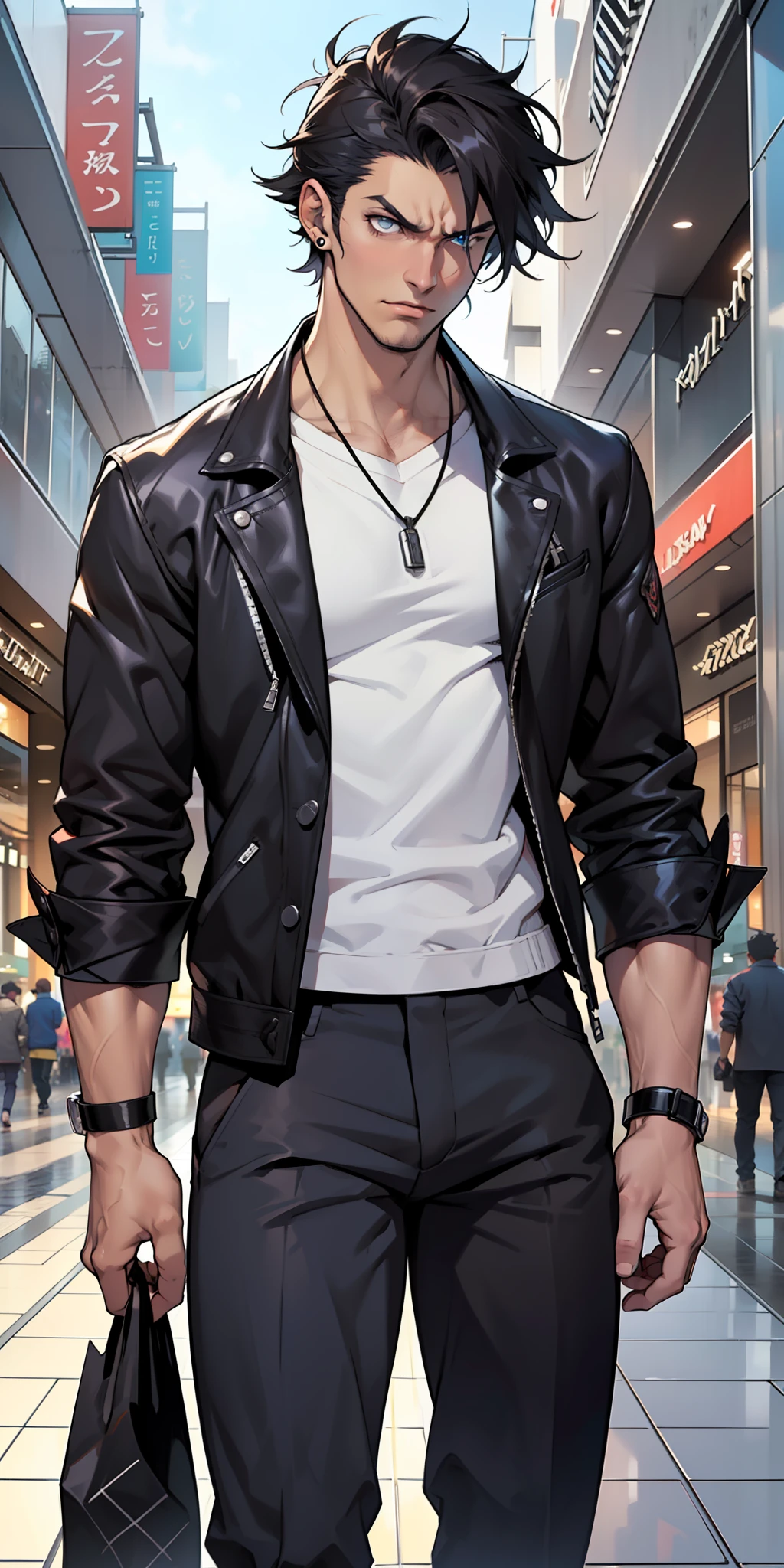 ((masterpiece)), ((manga)), ((Solo Leveling)), ((male character)), ((modern visual style)), ((guy)), ((man)), (( eyes)), eyebrow, ((ear)), ((serious expression)), short messy hair, ((men's clothing)), (arms), (legs), standing, ((background scenery)), ( (in the mall)), ((details in the environment)), ((modern world))