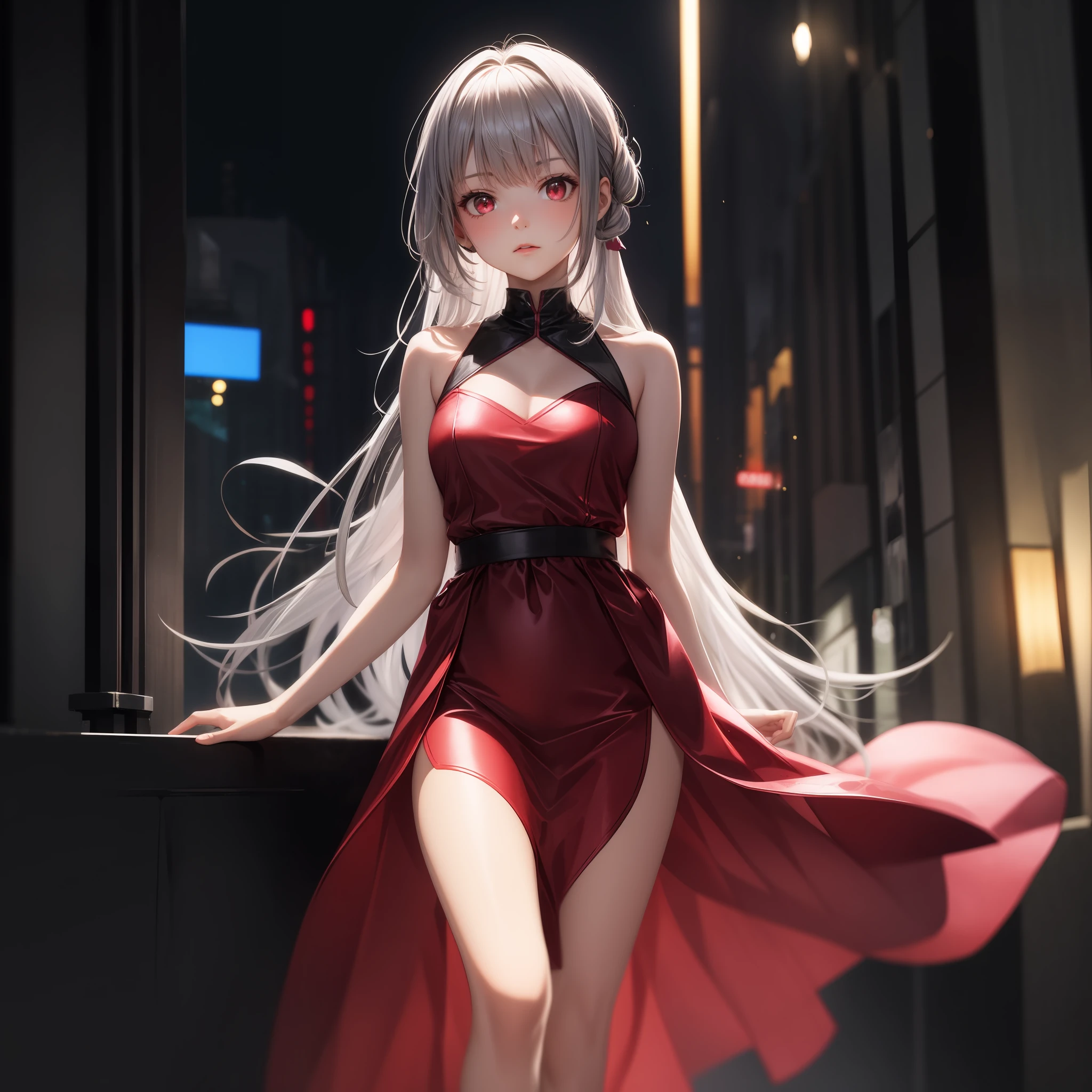 gray hair, red eyes, girl, alone, solo, 1girl, pink dress