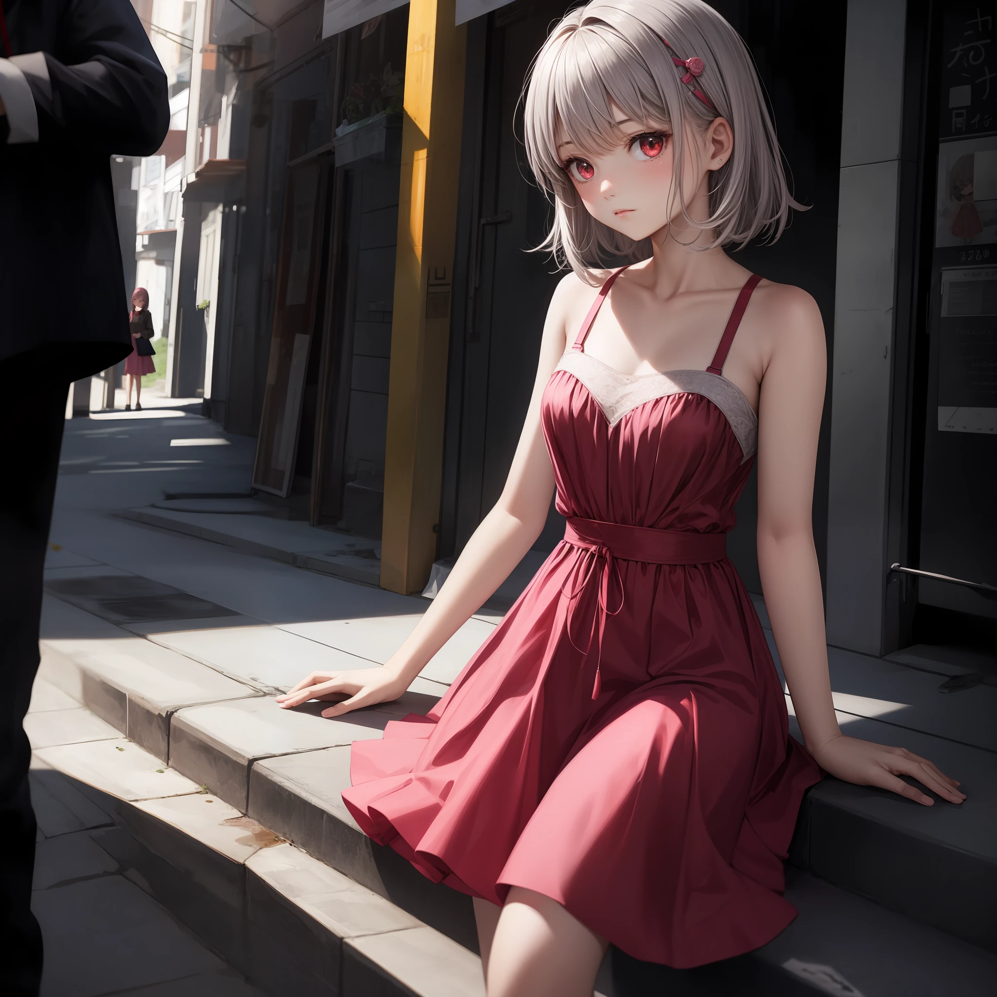 gray hair, red eyes, girl, alone, solo, 1girl, pink dress