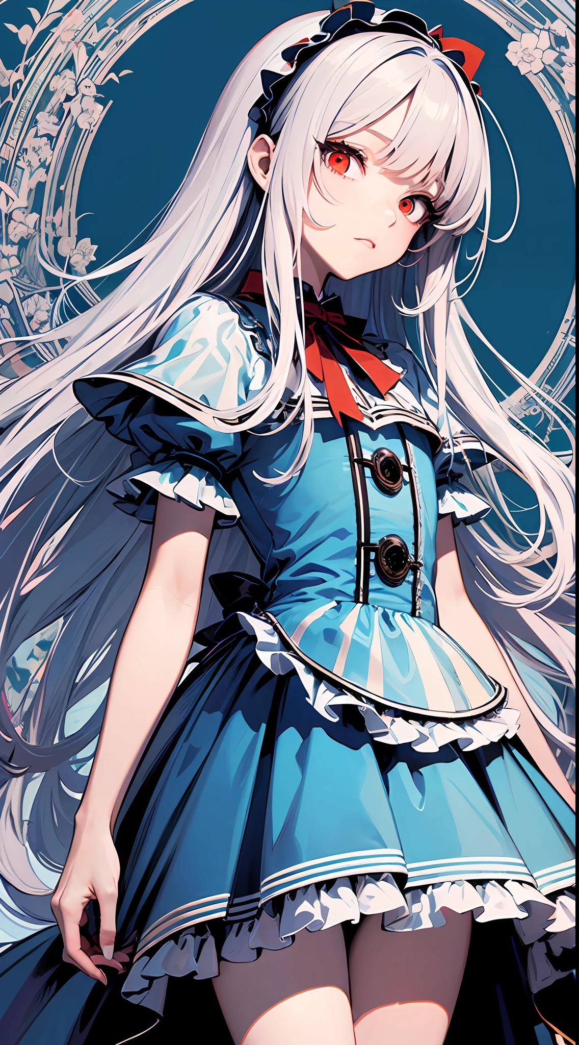 (Ultra Detailed,Ultra High Definition,Detailed Background),((2D)),((Flat Color)),((Colorful)),Alice in Wonderland, Silver Hair, Blue Dress, Red Eyes