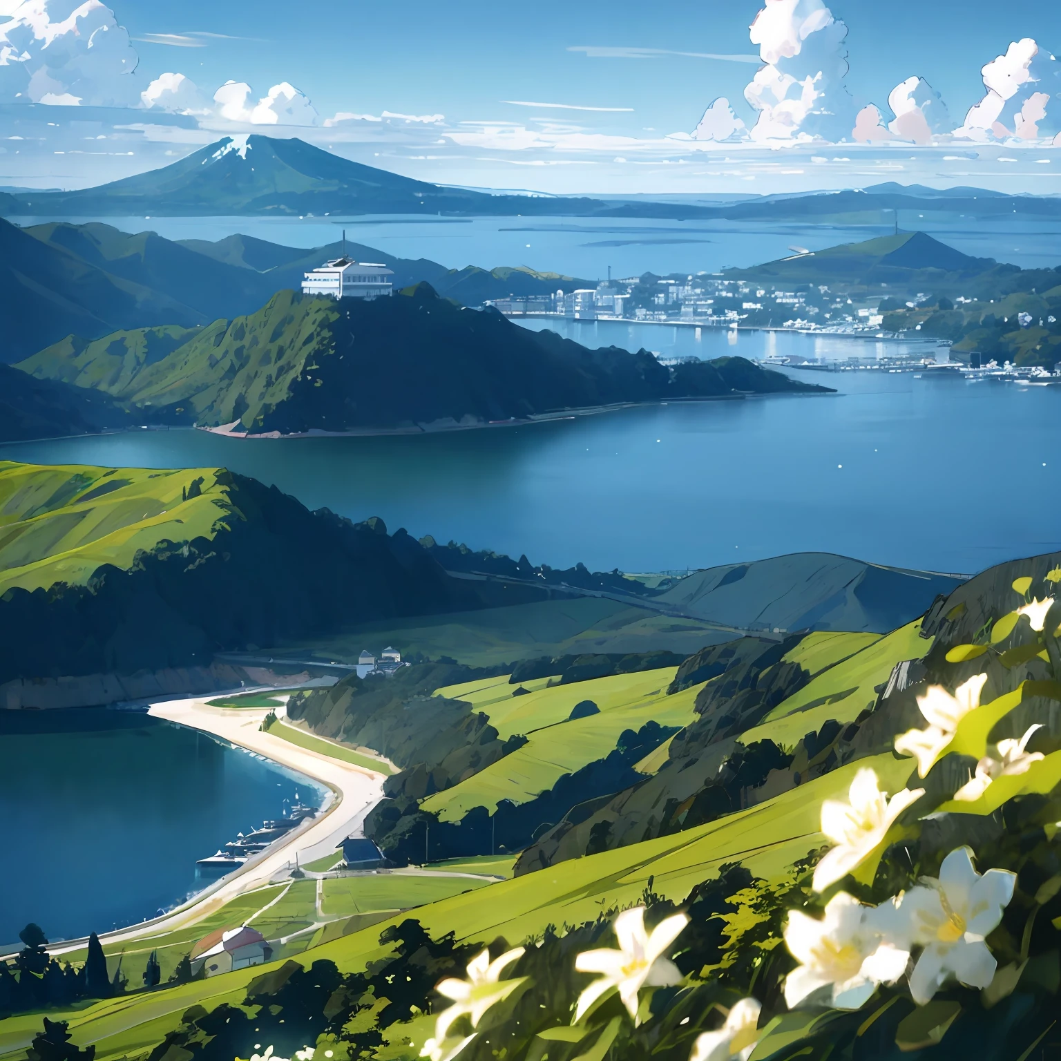Magnificent scenery of Hokkaido, blue sea view, blue sky, green mountains, detailed background rendering of scenery is stunning, masterpiece, film grain, depth of field, 8K, photorealistic, movie scene,