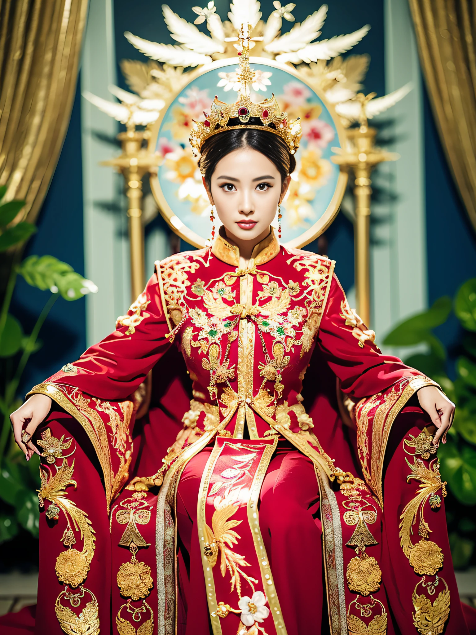 Best quality, masterpiece, detail, intricate detail, realistic cinematic lighting, (fantasy art: 1.6), (seiza: 1.1), (front: 1.2), upright, royal, majestic, queen, (huge and golden throne: 1.4), crown, close-up front, solemn, throne, upright posture, seriousness, dignity, gaze ahead, contemplation, jewelry, solo, divine ray, 1 woman, gold and red dress, golden palace,