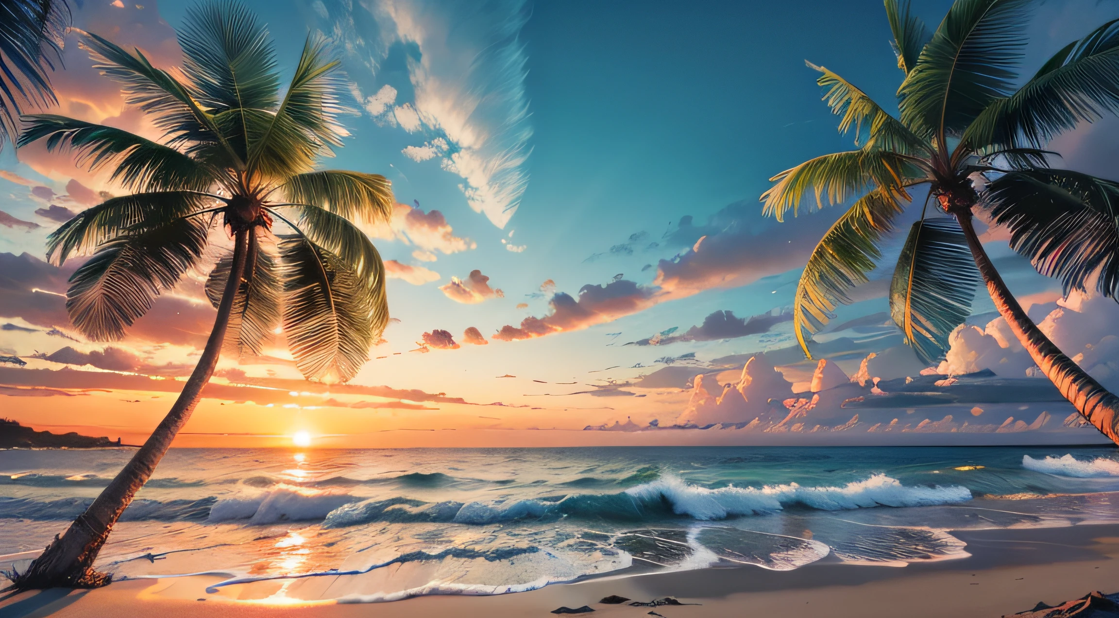 Create a 4K 9:16 image that depicts a stunning sunrise on a tropical beach, with gentle waves and palm trees along the coast. The color palette should be vibrant and convey a sense of renewal and positive energy. --auto --s2