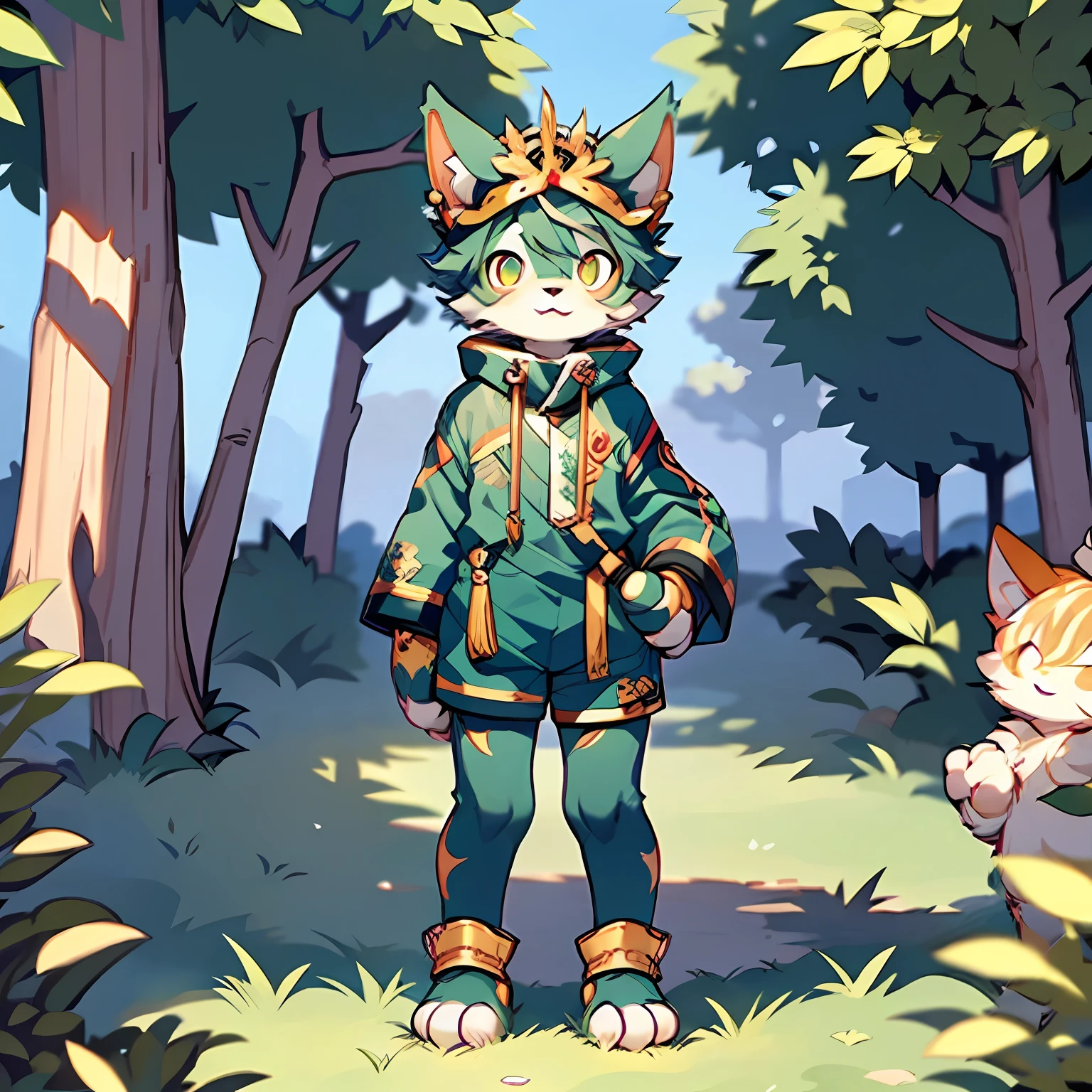 Furry Cat Forelimb Hands Hindlimb Legs and Feet Standing Shota Overall blue-green Head, arms, body and legs with gold pattern Full body with pink flesh pad Eyes golden Furry No clothing Two ears Small ears Short hair (Outdoor, Sky: 1.2)