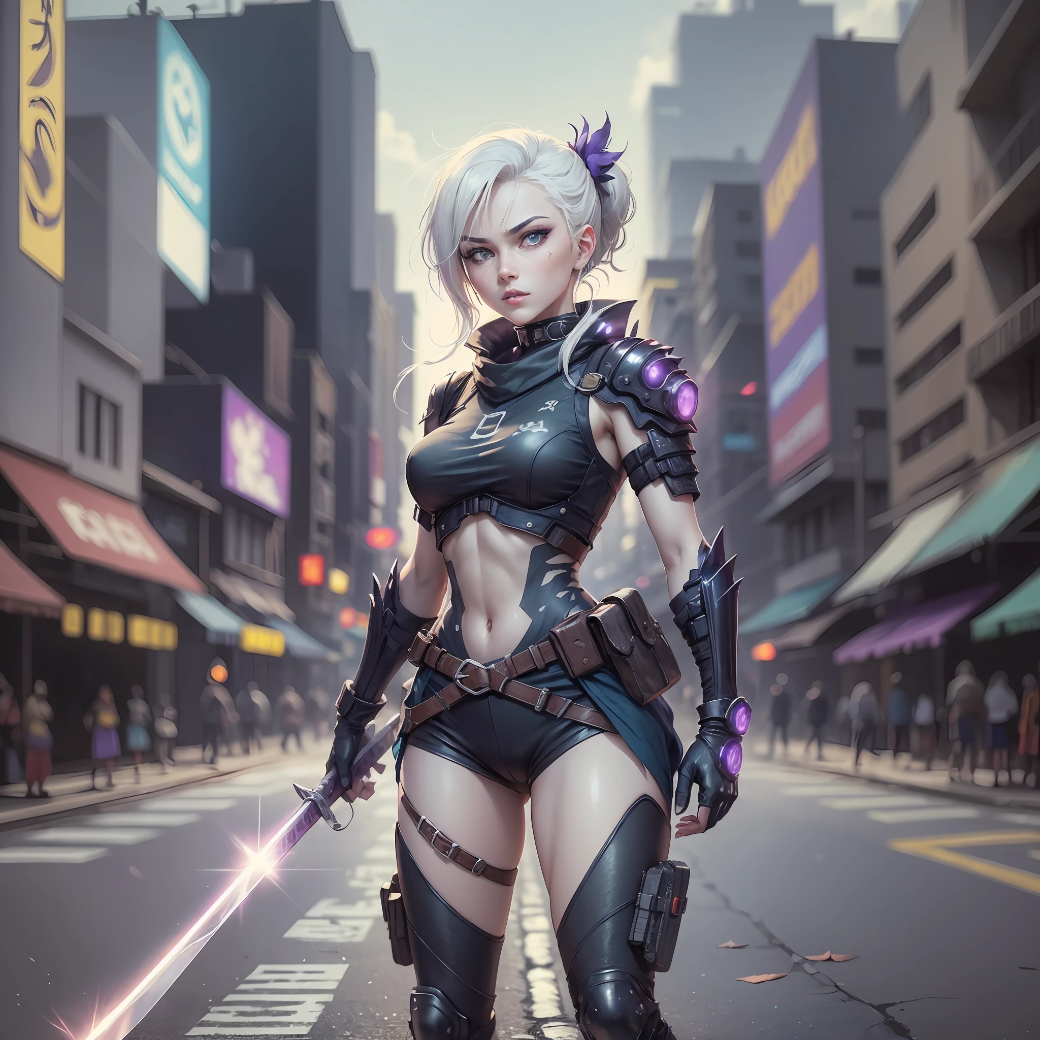 ninja, cyberpunk city background, 1 woman, white hair, blue eyes, dynamic pose, war scene, bodies on the ground, holding a katana, night, black uniform, katana emanating a black aura with purple, backlighting, reflection light, god rays, film grain, flower, backlighting, reflection light, god rays, blurred, cinematic lighting, motion blur, masterpiece,  best quality, masterpiece, super detail, high quality, best quality, 16k, HD, high details, detailed eyes, eye sparkles