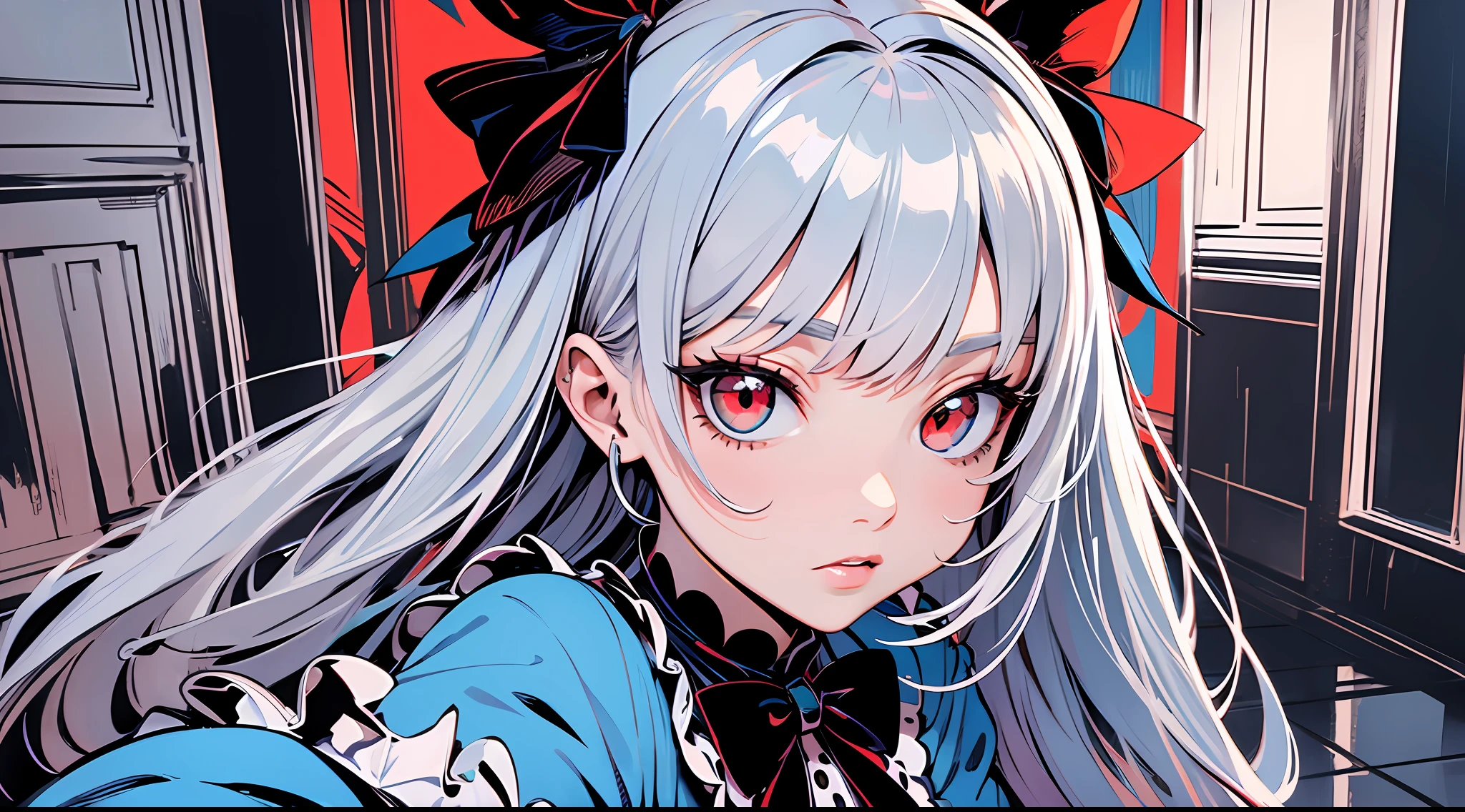 (Ultra Detailed,Ultra High Definition,Detailed Background),((2D)),((Flat Color)),((Colorful)),Alice in Wonderland, Silver Hair, Blue Dress, Red Eyes, Selfie