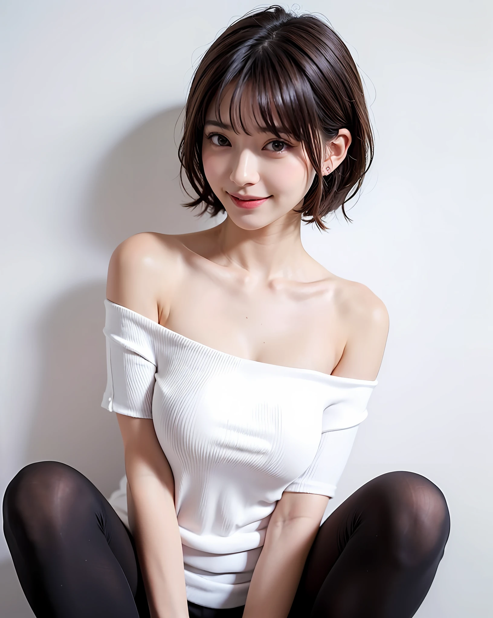 zydG, 1girl, more skin, view, brown eyes, (short hair with bangs: 1.2), (big breasts), (medium areola),
(Photorealistic), (Best Quality: 1.0), (Ultra High Definition: 1.0), 8K, RAW Photography, (Masterpiece), (pureerosface_v1:0.5), ((Really pure white background))), smiling a little, Long neck, (Putting out your ears), Ears, Sleeveless, Off-shoulder, (((White Clothing)), White Clothing, Big Eyes, Clear Double Eyelids, Highlights in the Pupils, (( Beautiful, pretty))