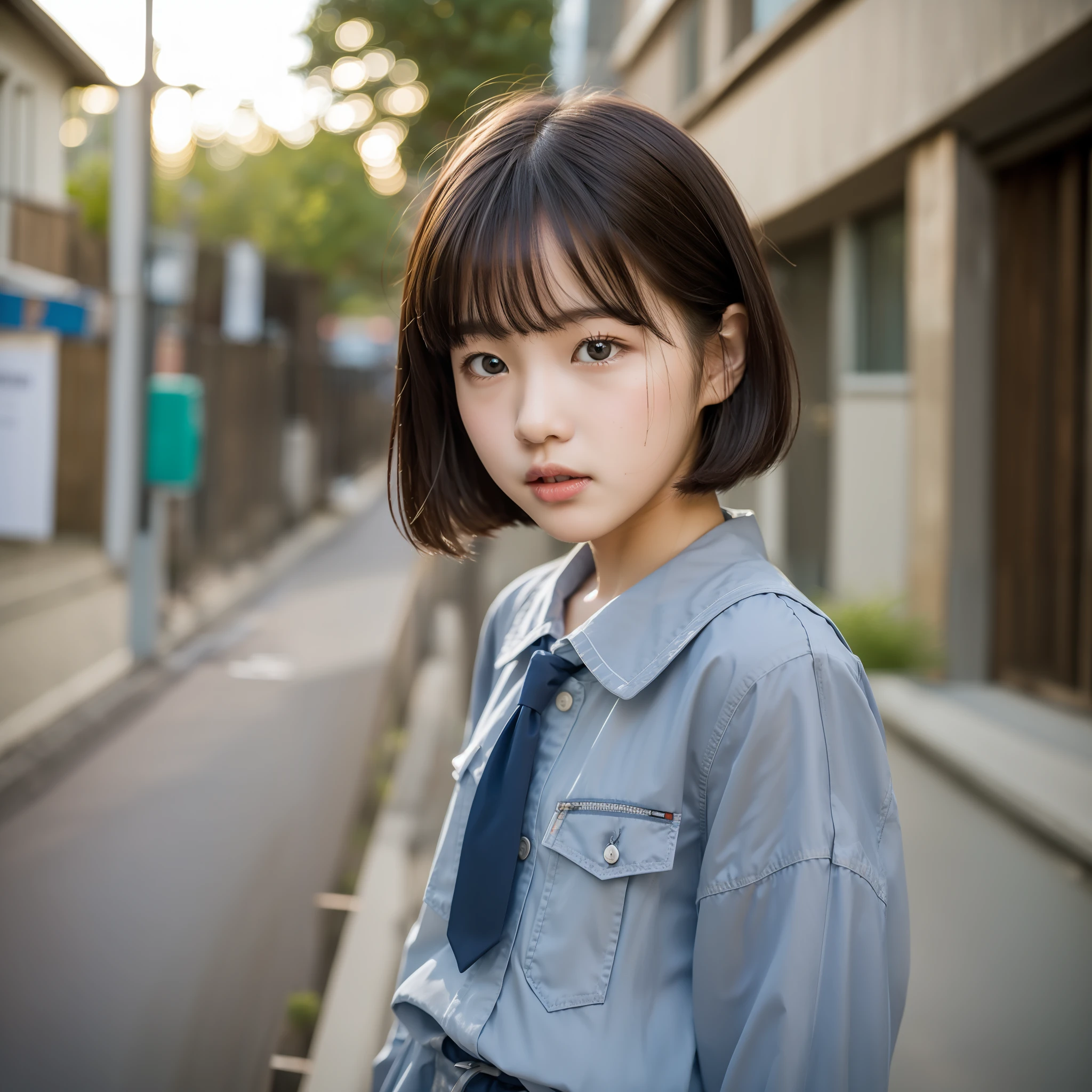 cute schoolgirl, short cut, face up shot, summer clothes, puberty, dusk, frontal, portrait, school, camera gaze, pale