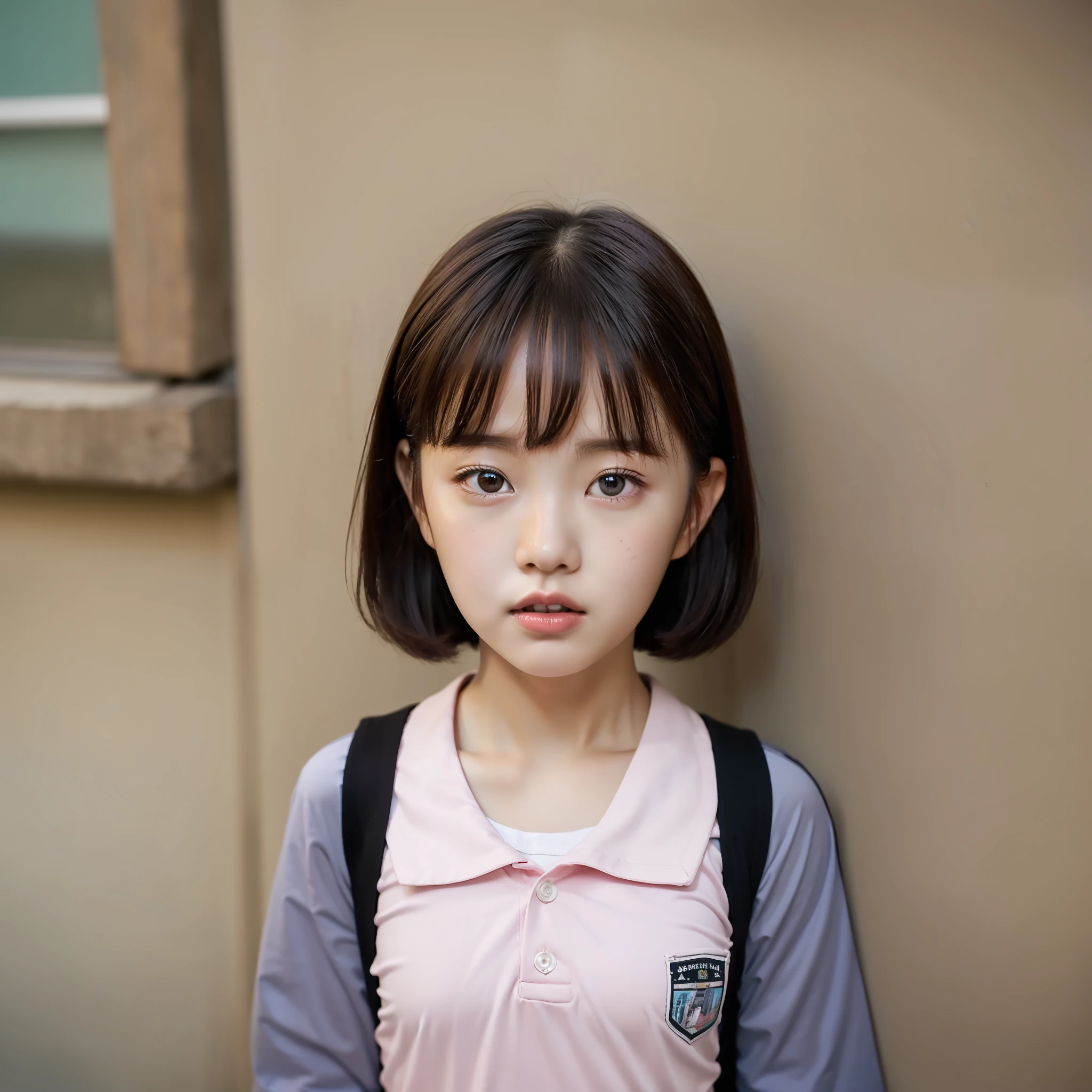 cute schoolgirl, short cut, face up shot, summer clothes, puberty, dusk, frontal, portrait, school, camera gaze, pale