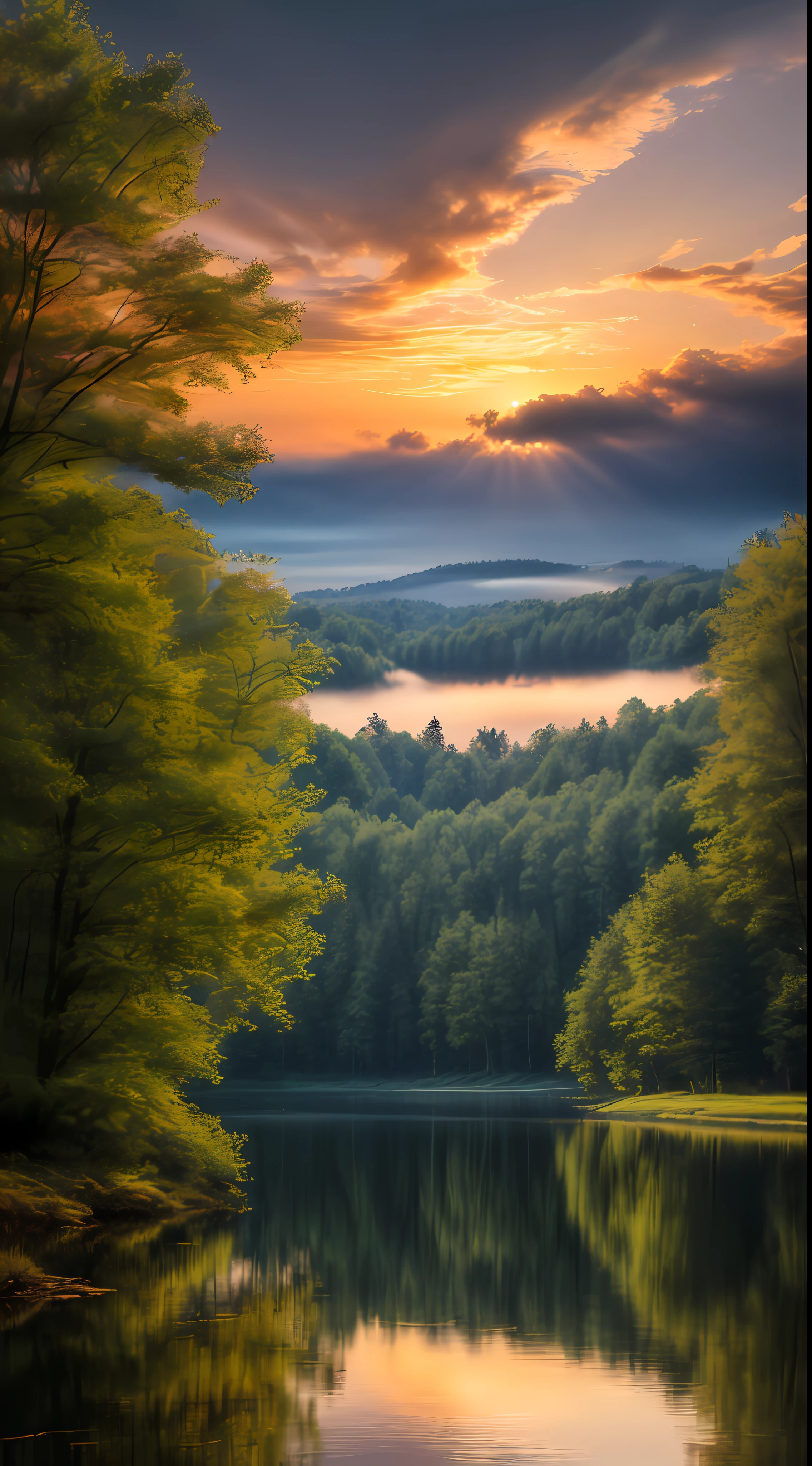wallpaper, summer, lake, dawn, forest, detailed forest, clouds, masterpiece, cinematic, soft light, depth of field, ray tracing, reflection in water, realism, ulra detailed,