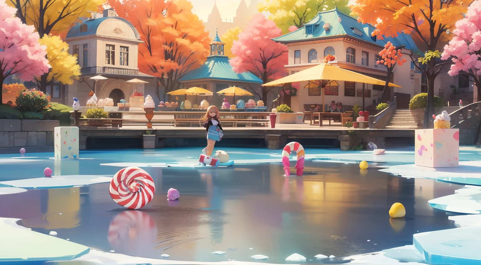 Cartoon-style game scene, childlike happy atmosphere, the whole picture is based on bright yellow colors, colorful colors, ((ice cream)), (candy 1.2)), (fruit), house made of ice cream, candy-like building, fairy tale world, ultra HD, master masterpiece, best quality,