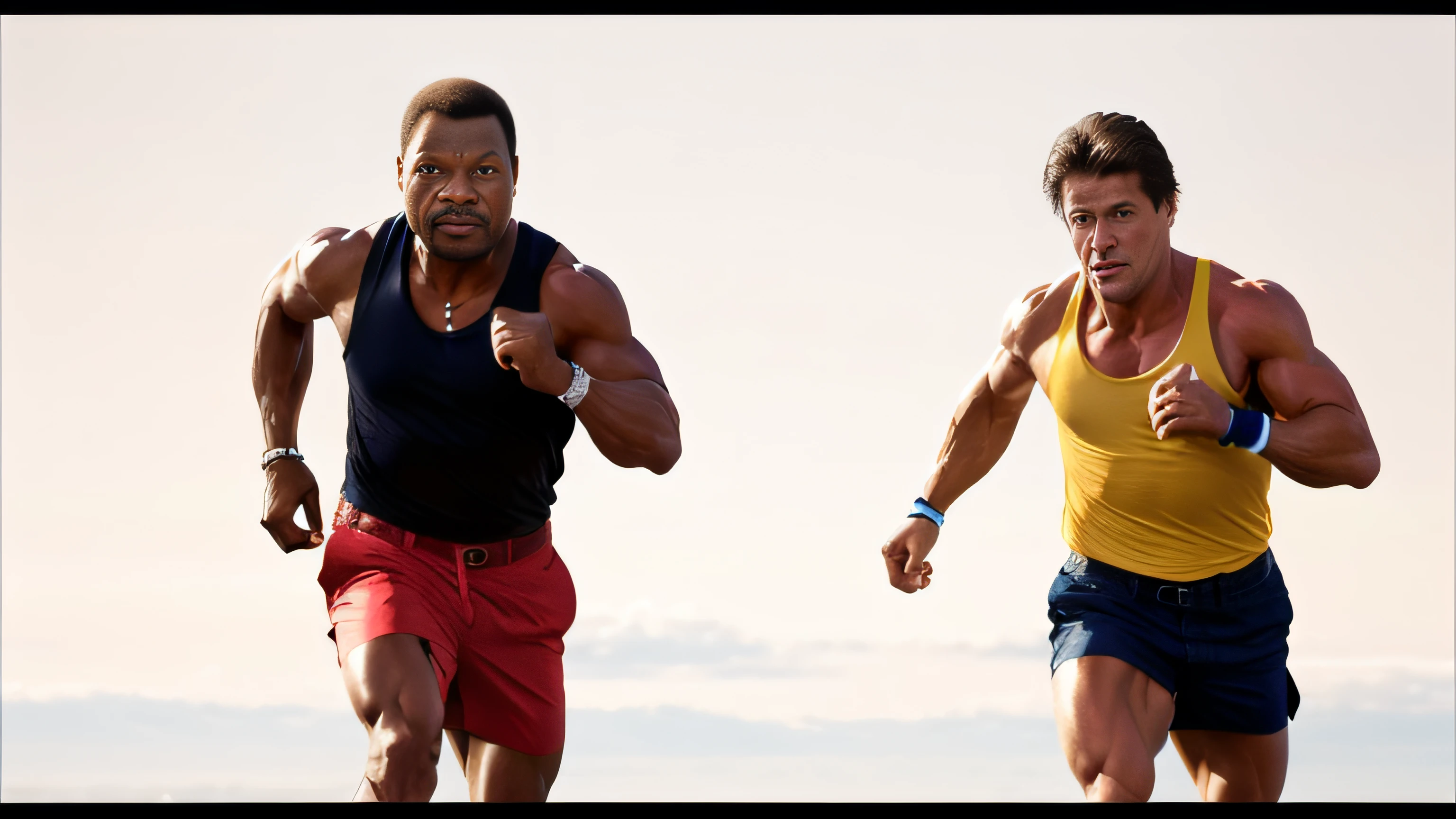 restore faces of Carl Weathers and Sylvester Stallone in this photo, restore photo with muscle details, realistic style, two men, Carl Weathers and Sylvertes Stallone, blue sky background, restore to look realistic blue sky background