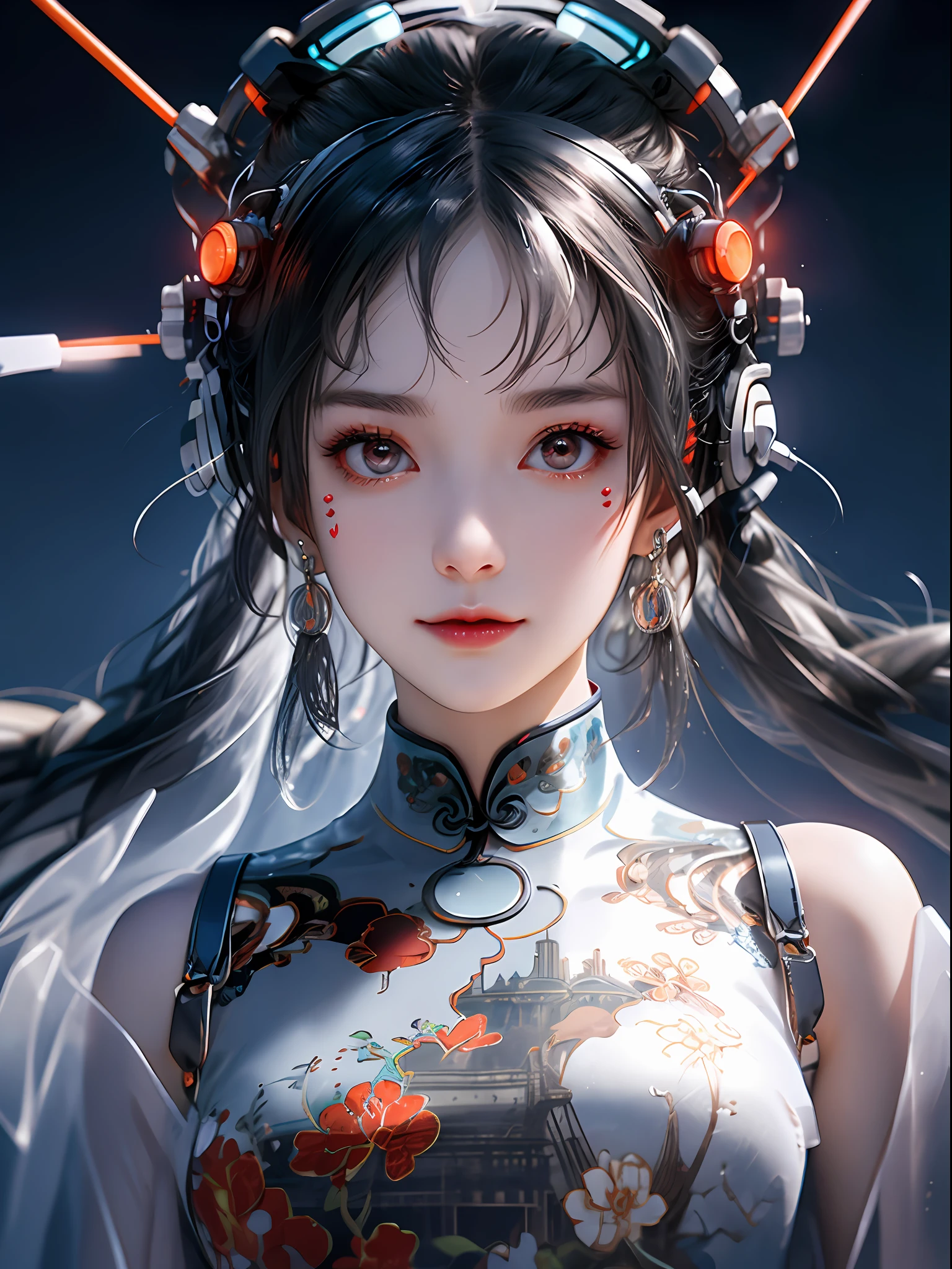 1 girl, Chinese_clothes, liquid silver and orange, cyberhan, cheongsam, cyberpunk city, dynamic pose, detailed luminous headphones, glowing hair accessories, long hair, glowing earrings, glowing necklace, cyberpunk, high-tech city, full of mechanical and futuristic elements, futuristic, technology, glowing neon, orange, orange light, transparent tulle, transparent streamers, laser, digital background urban sky, big moon, with vehicles, best quality, masterpiece, 8K, character edge light, Super high detail, high quality, the most beautiful woman in human beings, micro smile, face facing front and left and right symmetry, ear decoration, beautiful pupils, light effects, visual data, silver white hair, super detail facial texture