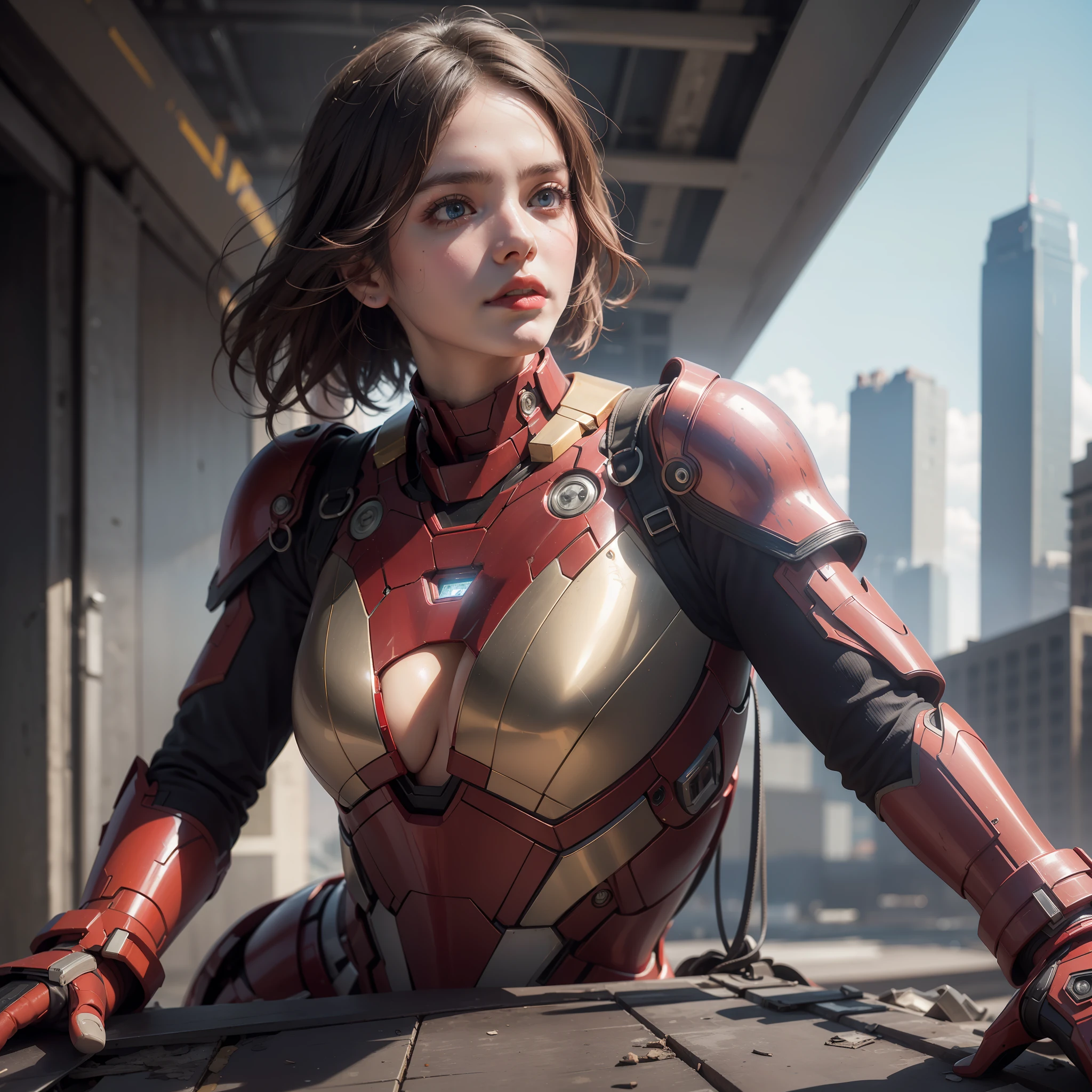 RAW, Masterpiece, Ultra Fine Photo,, Best Quality, Ultra High Resolution, Photorealistic, Sunlight, Full Body Portrait, Stunningly Beautiful,, Dynamic Poses, Delicate Face, Vibrant Eyes, (Side View) , she is wearing a futuristic Iron Man mech, red and gold color scheme, highly detailed abandoned warehouse background, detailed face, detailed and complex busy background, messy, gorgeous, milky white, high detailed skin, realistic skin details, visible pores , sharp focus, volumetric fog, 8k uhd, dslr camera, high quality, film grain, fair skin, photorealism, lomography, sprawling metropolis in futuristic dystopia, view from below, translucent