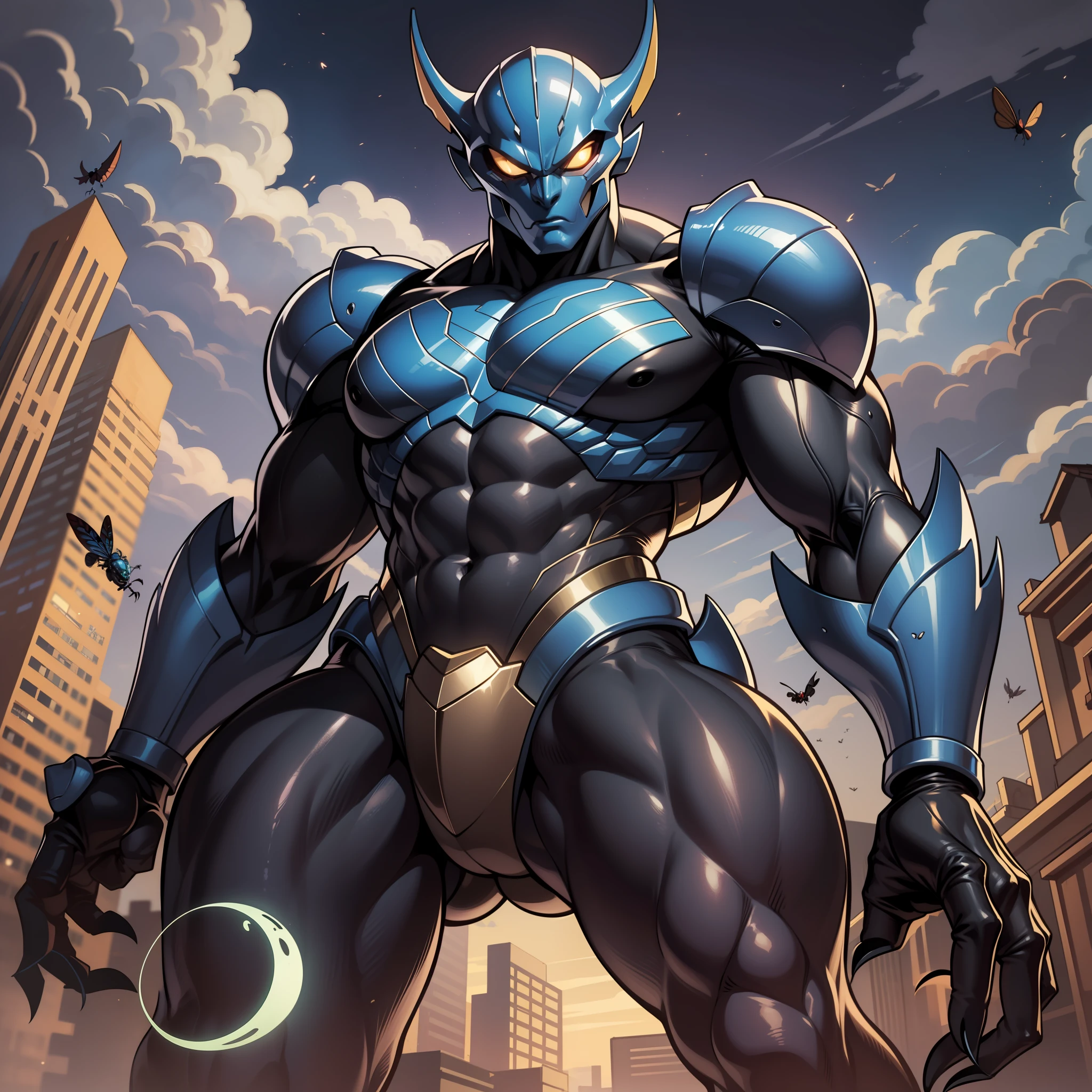 cartoon alien with an unusually developed muscular body, claws and a black body, beetle, phantom, celshade, guyver style,