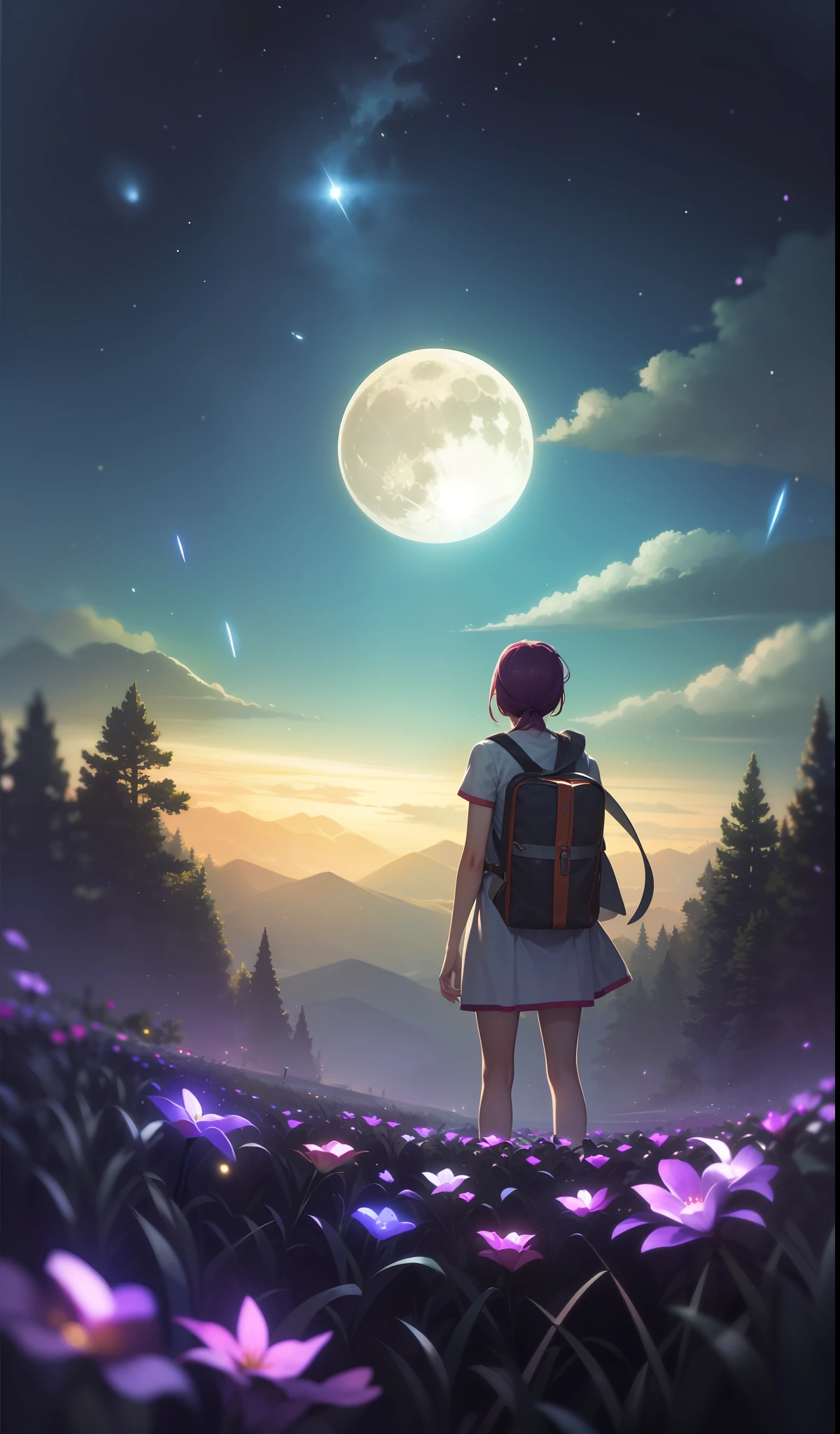Vast landscape photo, (viewed from below, the sky is above and the open field is below), a girl standing on a flower field looking up, (full moon: 1.2), (meteor: 0.9), (nebula: 1.3), distant mountains , Trees BREAK Crafting Art, (Warm Light: 1.2), (Fireflies: 1.2), Lights, Lots of Purple and Orange, Intricate Details, Volumetric Lighting, Realism BREAK (Masterpiece: 1.2), (Best Quality), 4k, Ultra-Detailed, (Dynamic Composition: 1.4), Very Detailed, Colorful Details, (Rainbow Colors: 1.2), (Glow Lighting, Atmospheric Lighting), Dreamy, Magical, (Solo: 1.2)