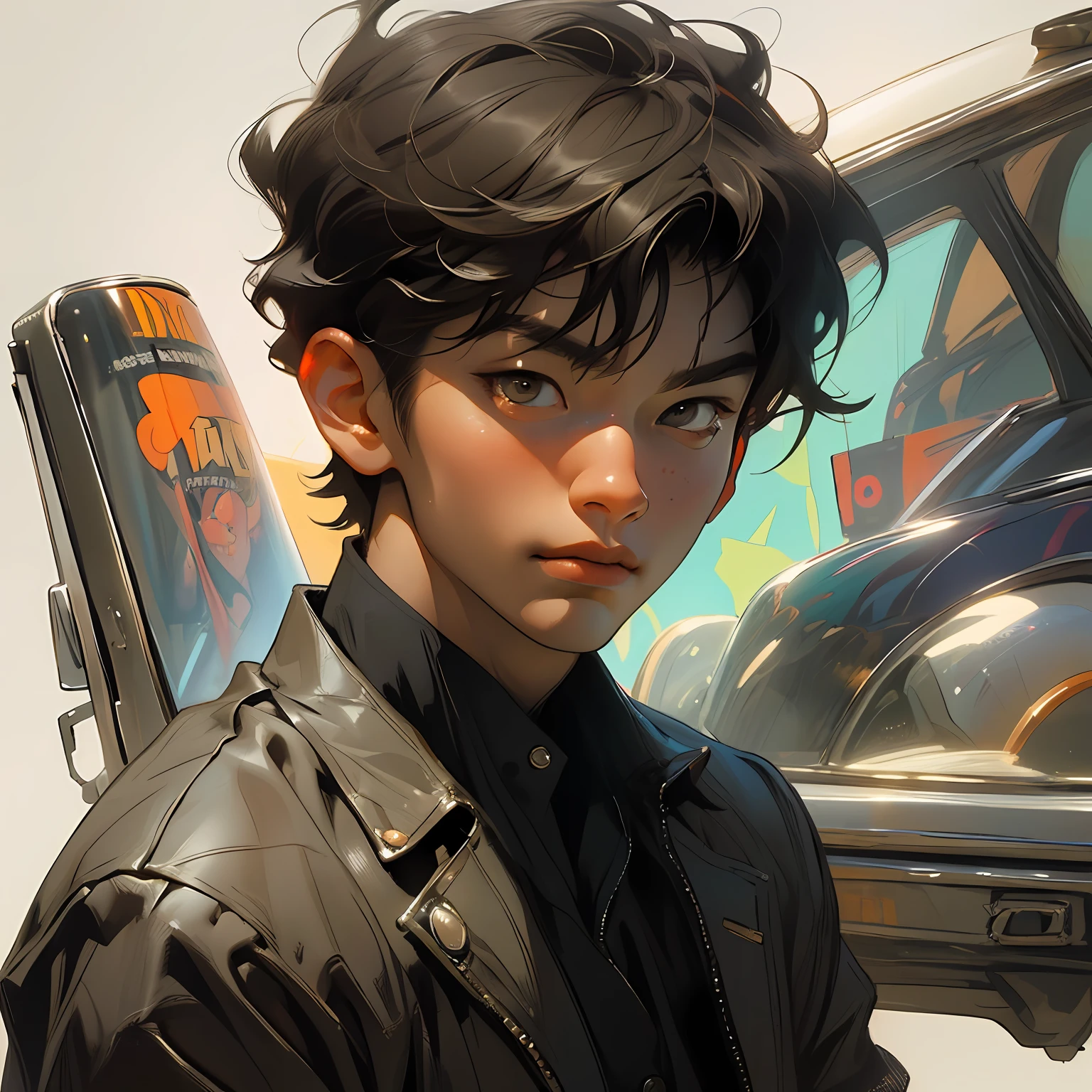 1boy, asian man, Kpop style, portrait, holographic background, deep dark shadows, cinematic lighting, (1boy:1.3), cute, toy cars in the background, (toy car), playful, oil painting, John Singer Sargent, Chiaroscuro, J.C Leyendecker, digital art, classical art, renaissance style (SevenWonders:1)