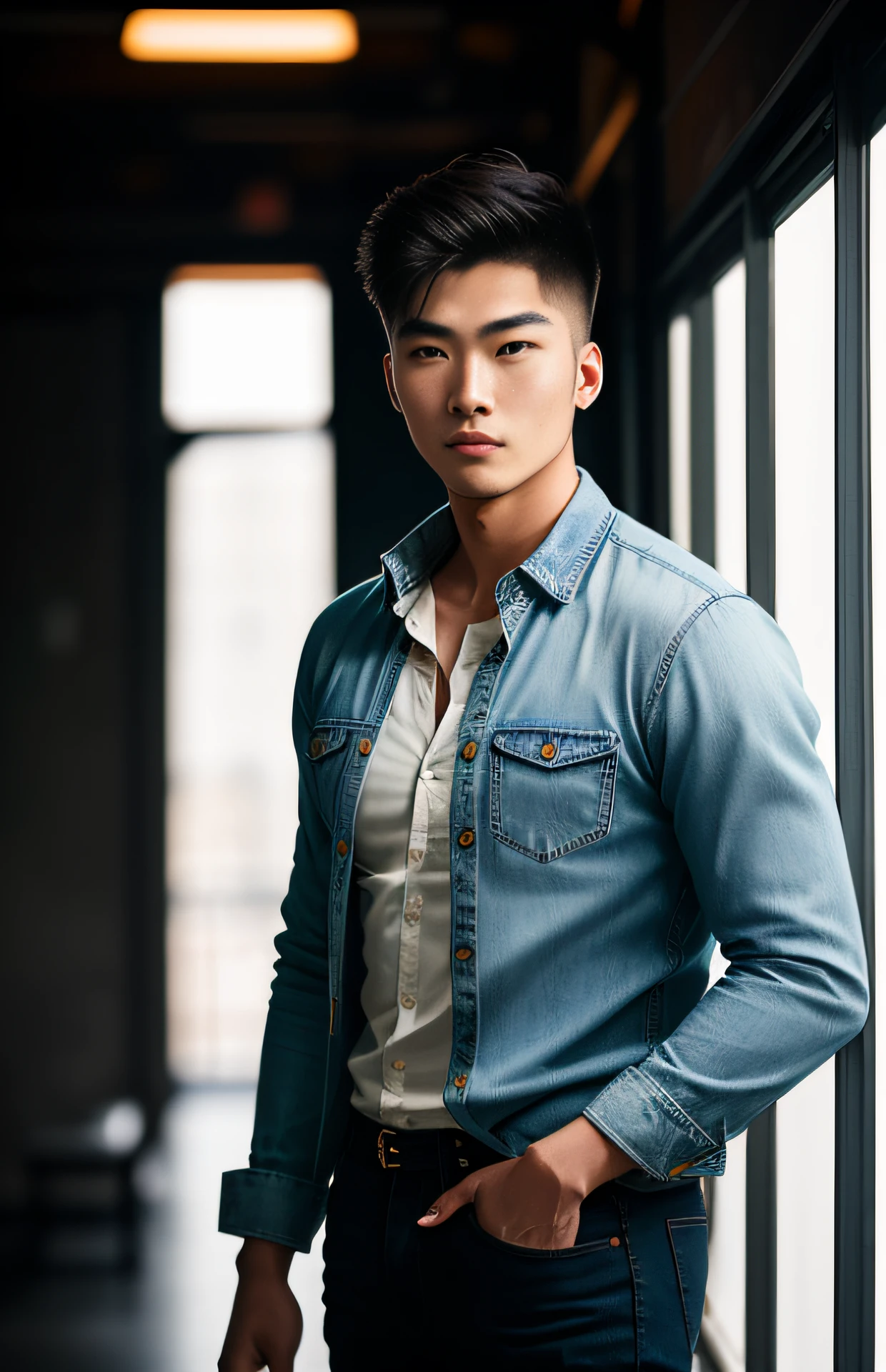 cyberpunk portrait photography, 21 years old Chinese,interior designer, handsome young man looking off camera, super realistic face, eyes visible through hair, proper eye position, natural skin, soft light, rim light, in studio with green backdrop, detailed background, intricate , highly detail, octane render, HD, 8k, by Annie Leibovitz,120mm, shoulder,front view,wearing a Simple beige shirt and denim jeans,