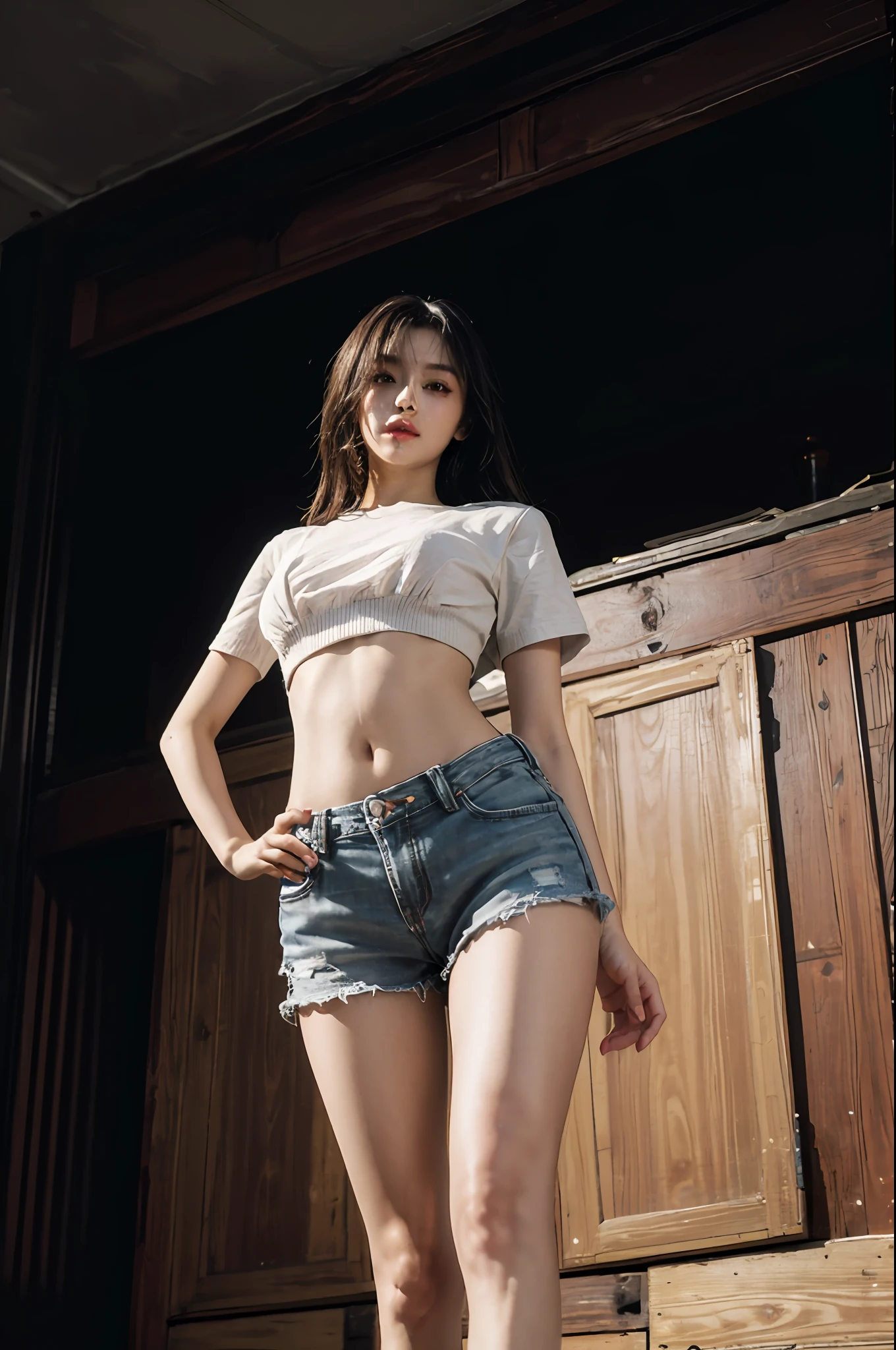best quality, masterpiece, high resolution, 4k, 1girl, ultra-detailed, surreal, highly detailed CG illustration, official art, cinematic light, reality, young beautiful girl, perfect figure, from below, pose, sexy long legs, confident, beautiful sexy, gray short sleeves, open belly, black super shorts